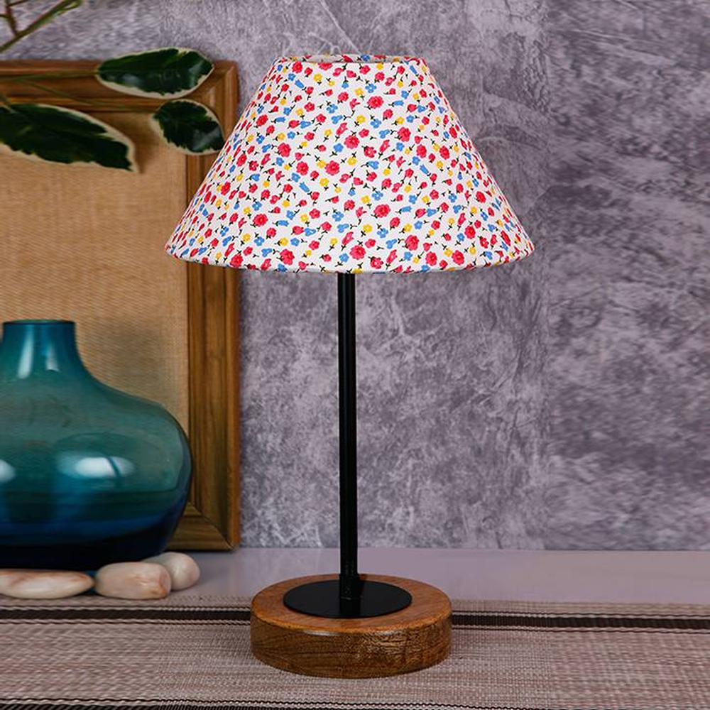 Enzo Multicolour Fabric Shade Table Lamp with Natural Wood & Iron Base