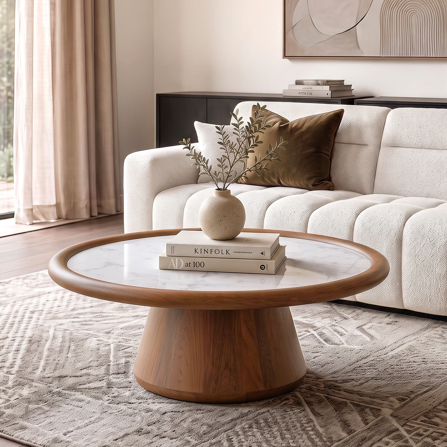 Lazo Solid Wood And Banswara Marble Circular Coffee Table In Amber Walnut Finish - Urban Ladder