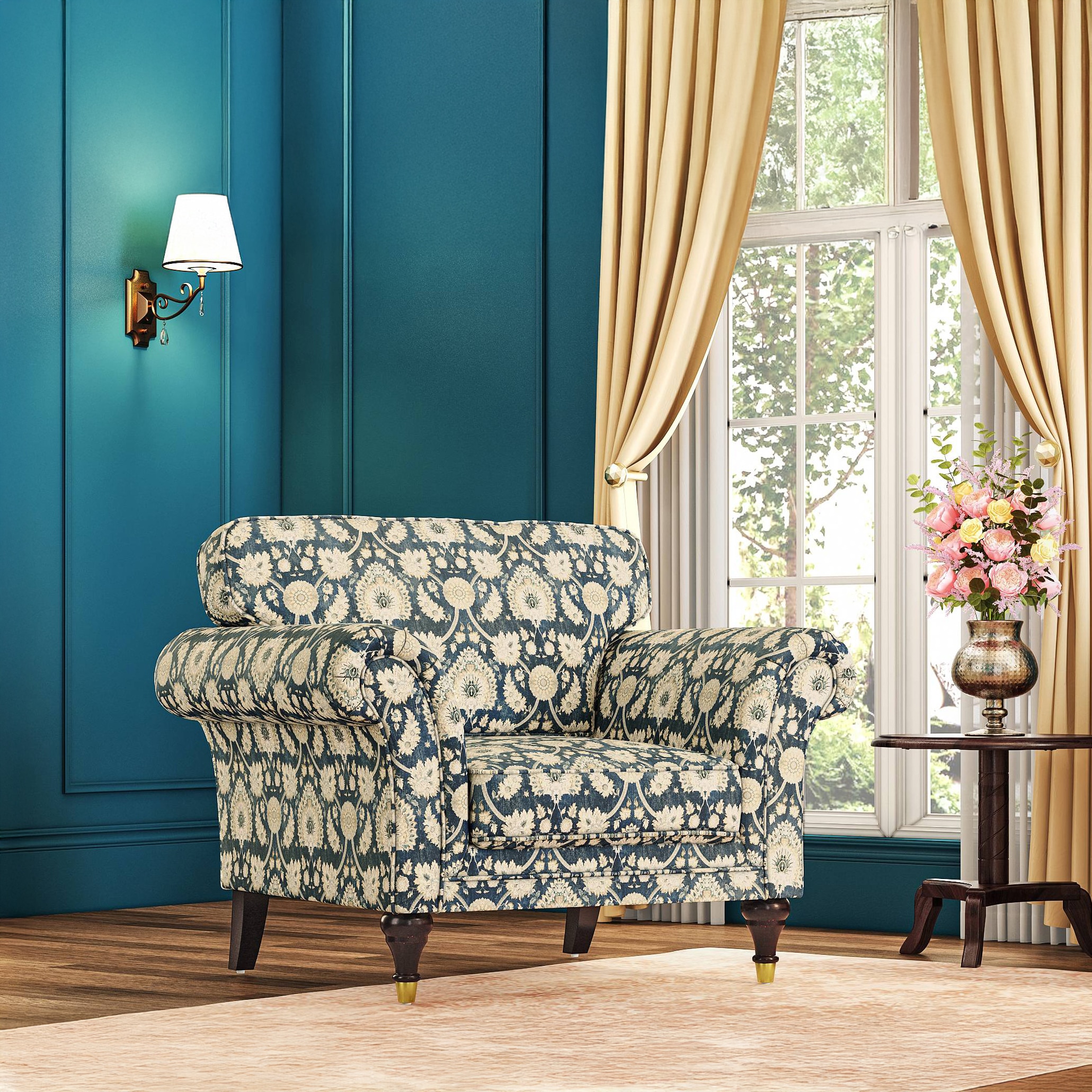 Amara 1 Seater Sofa In Blue Floral Damask Print