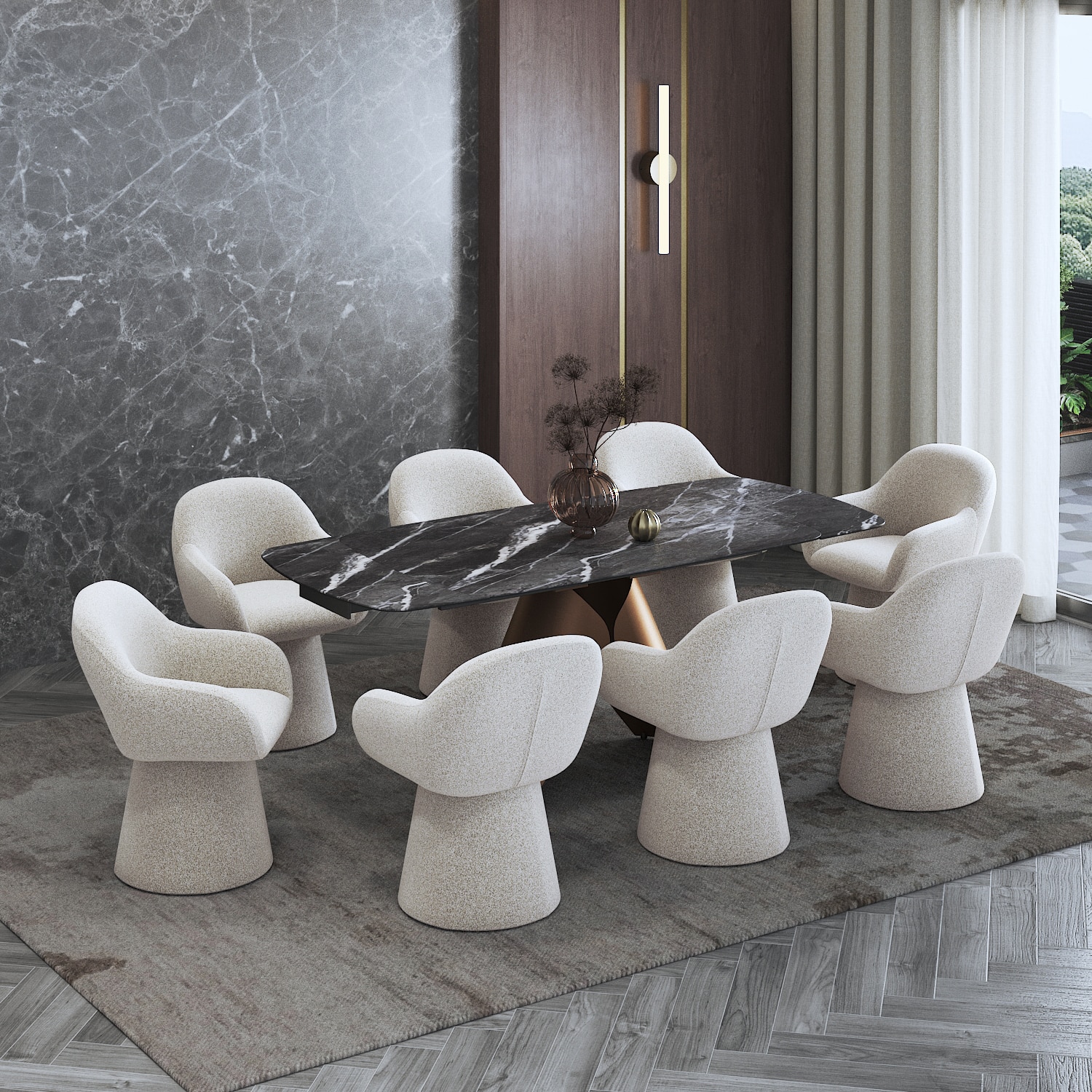 Aeris Ceramic 6 to 8 Seater Extendable Dining Table With 6 Selene Dining Chair