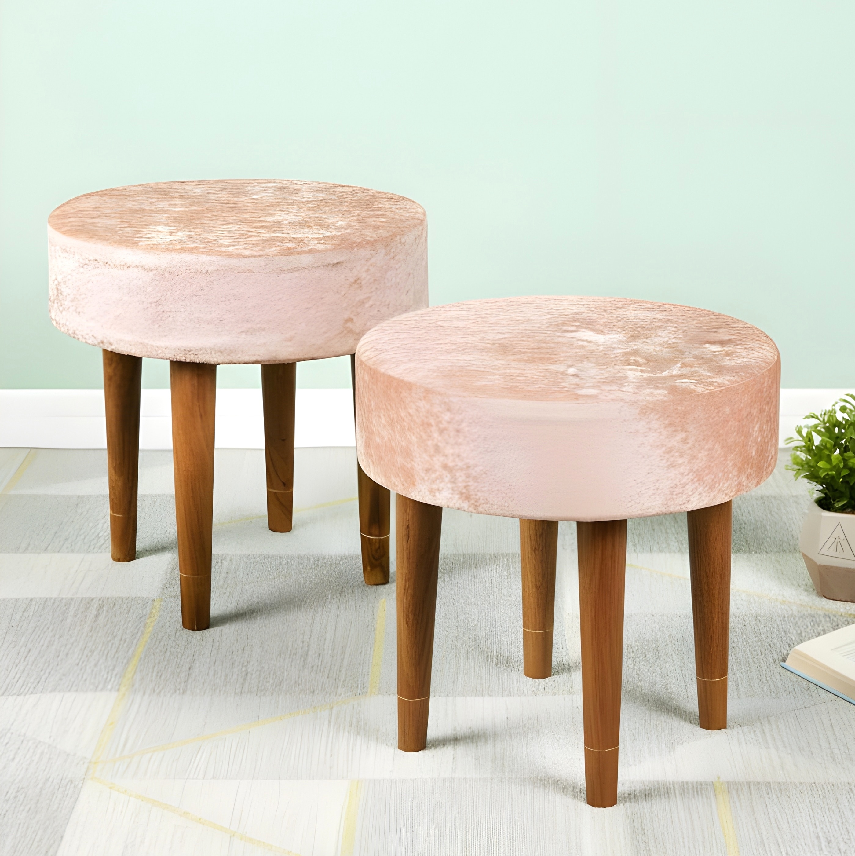 Nayla Sheesham Wood Contemporary Set of 2 Stools in Beige Sparkle Velvet, Teak Finish