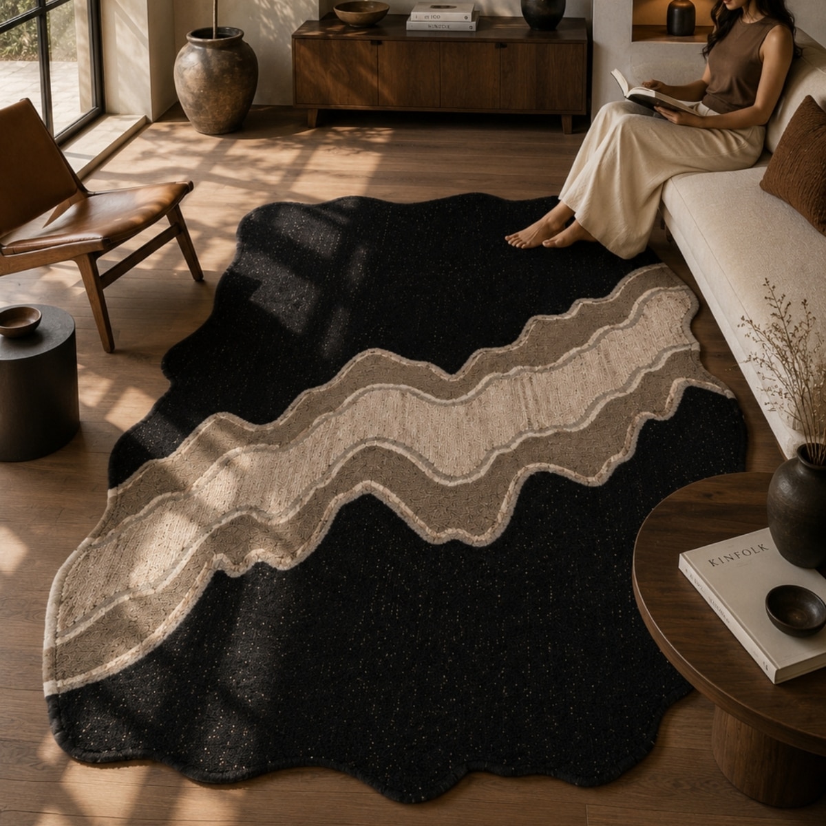 Handmade Natural Wool Shaped Rug Abstract Canyon Black 9 x 12 Feet Carpet - NEU LOOMS