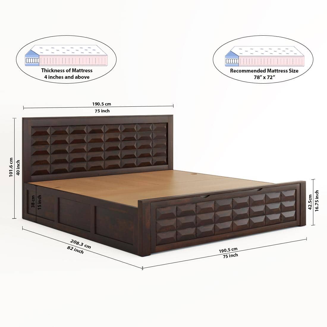Shashi Solid Wood King Size Bed With Box & Front Drawer Storage Bed In Walnut Finish