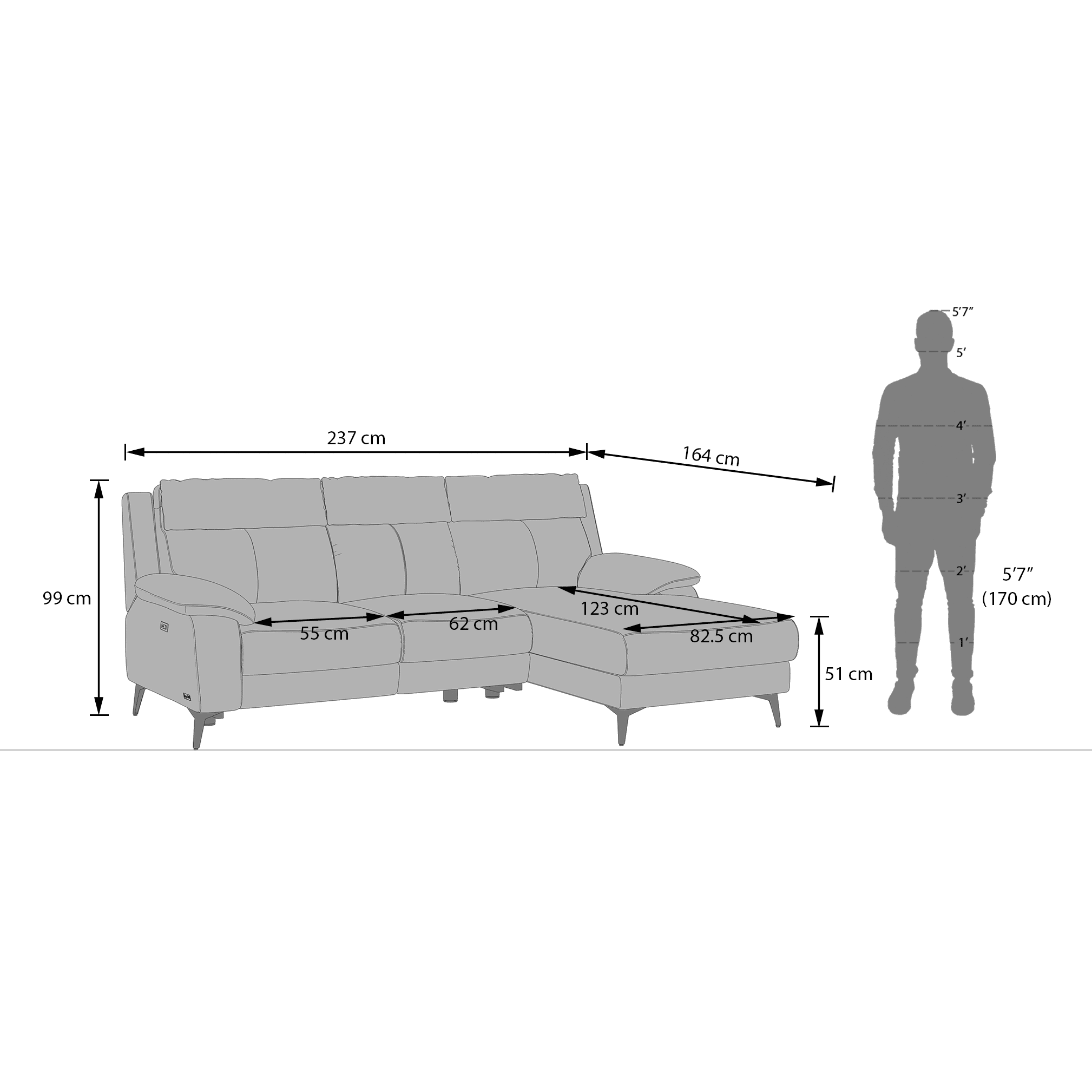 Emila Right Aligned Three Seater Sectional Recliner in Cream Colour