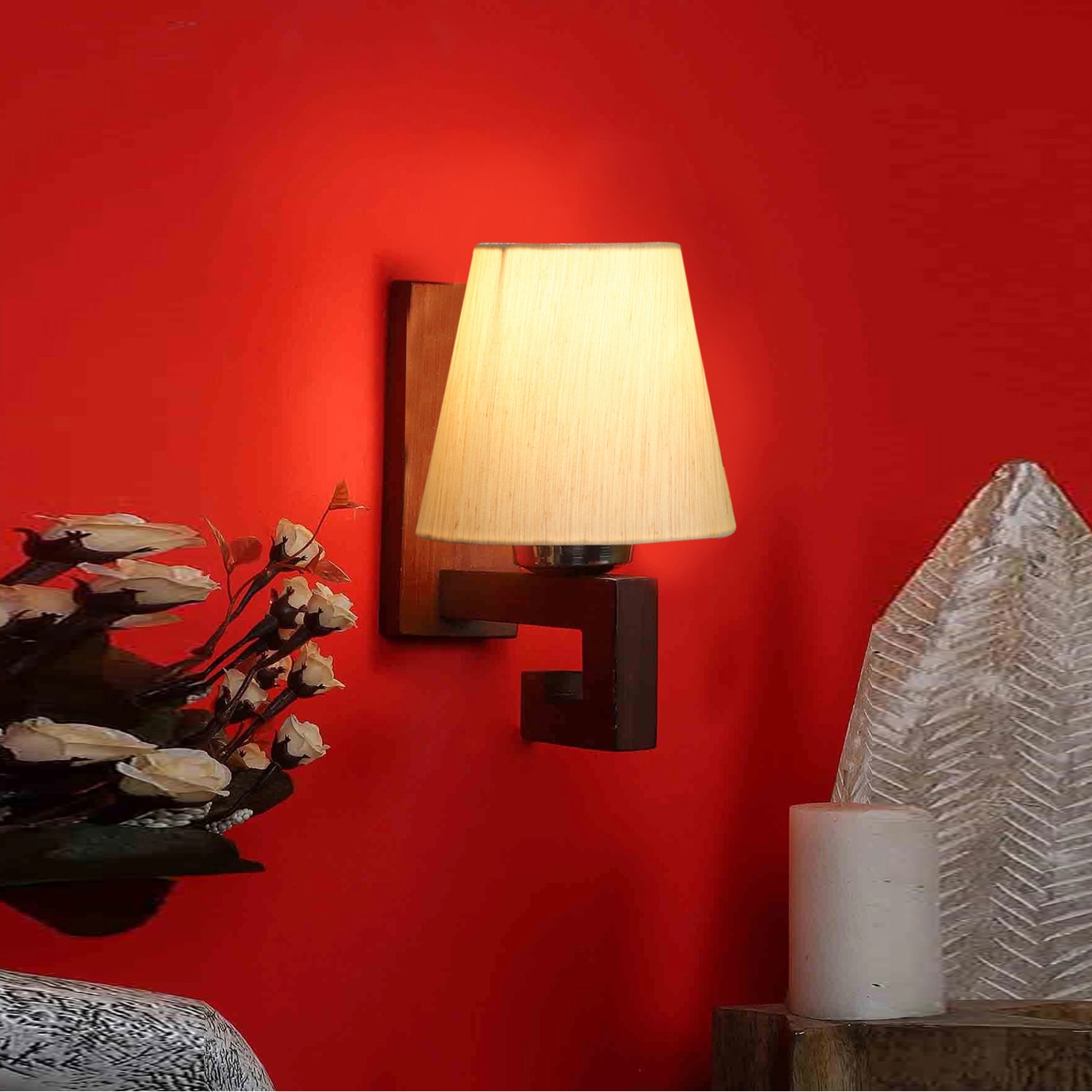 Devansh Solid Wood Electric Wall Light in off-white Colour with off-white Shade Count of 1 Light - Devansh