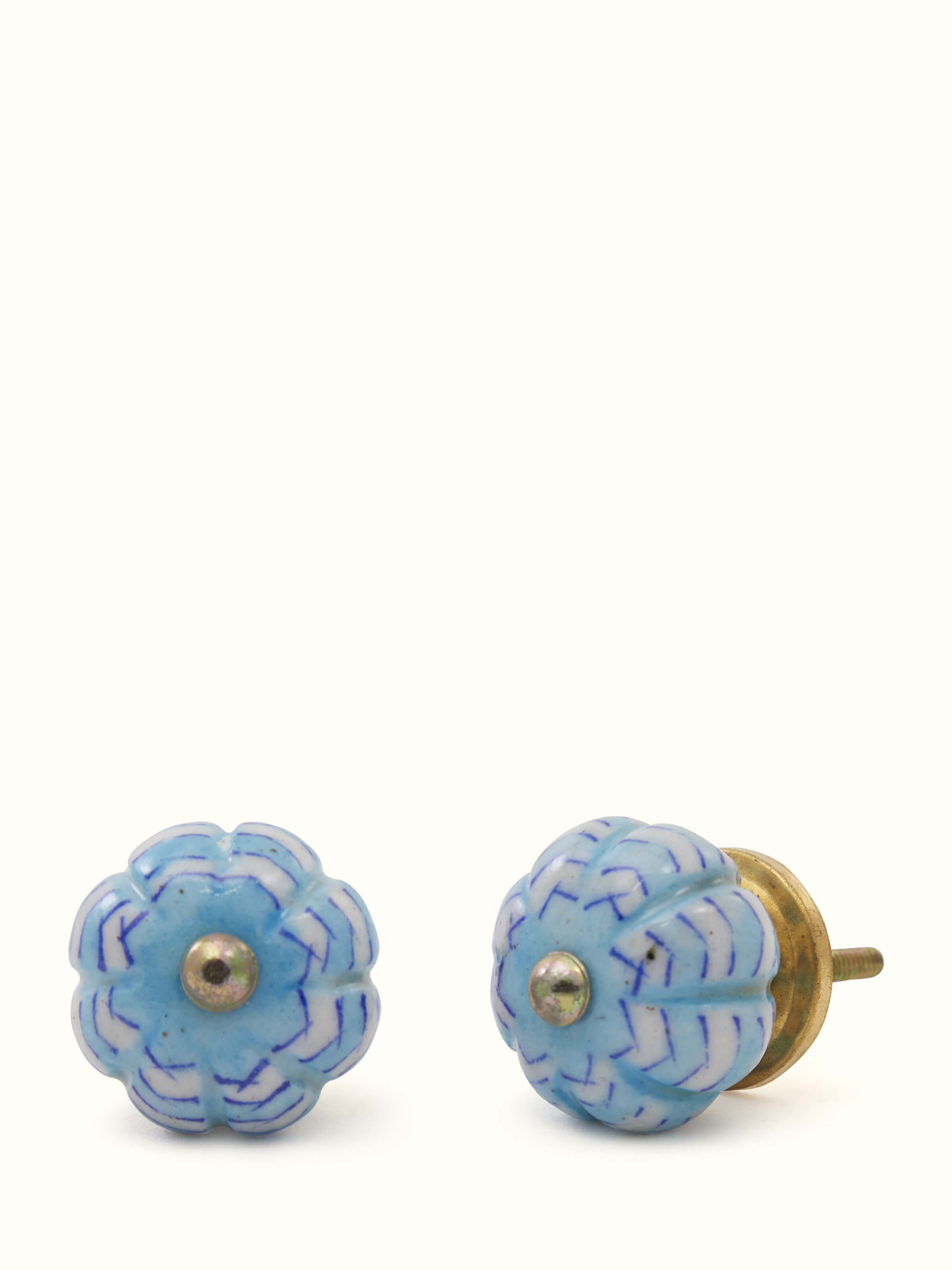 Decorative blue pottery round rib door knob – angled view