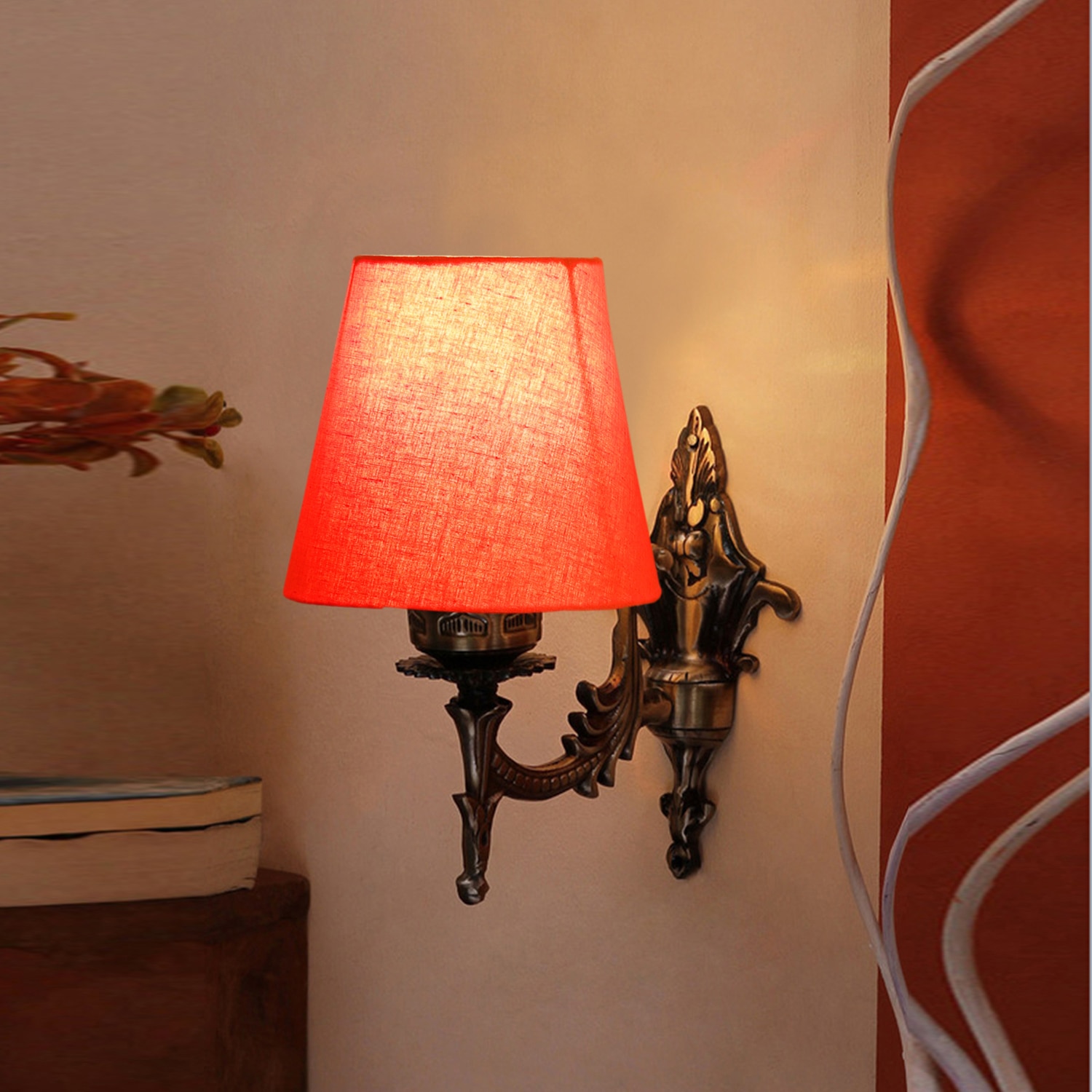 Devansh Metal Electric Wall Light in Antique Gold Colour with Orange Shade Count of 1 Light - Devansh
