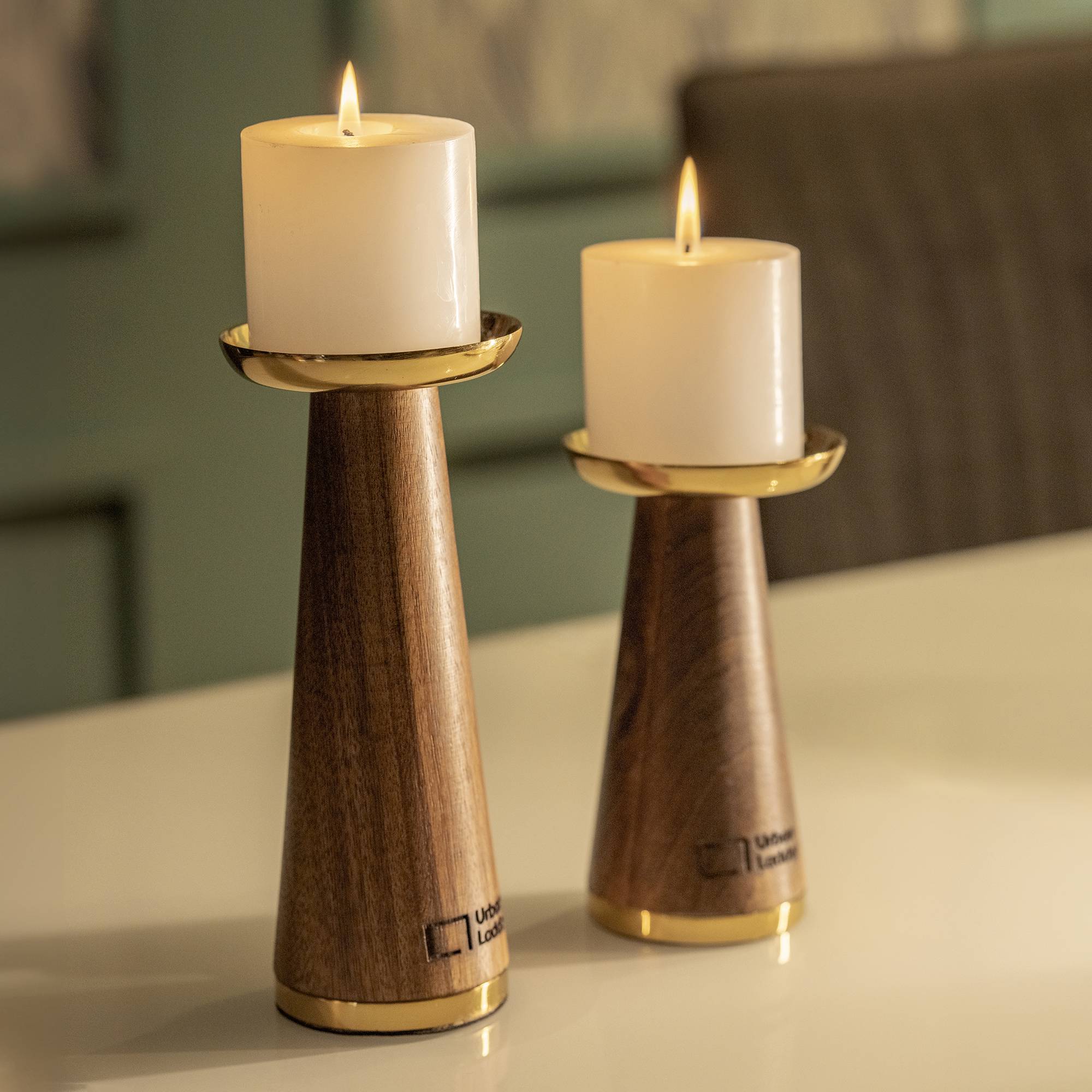 Wooden candle holders with iron -brass plating rings