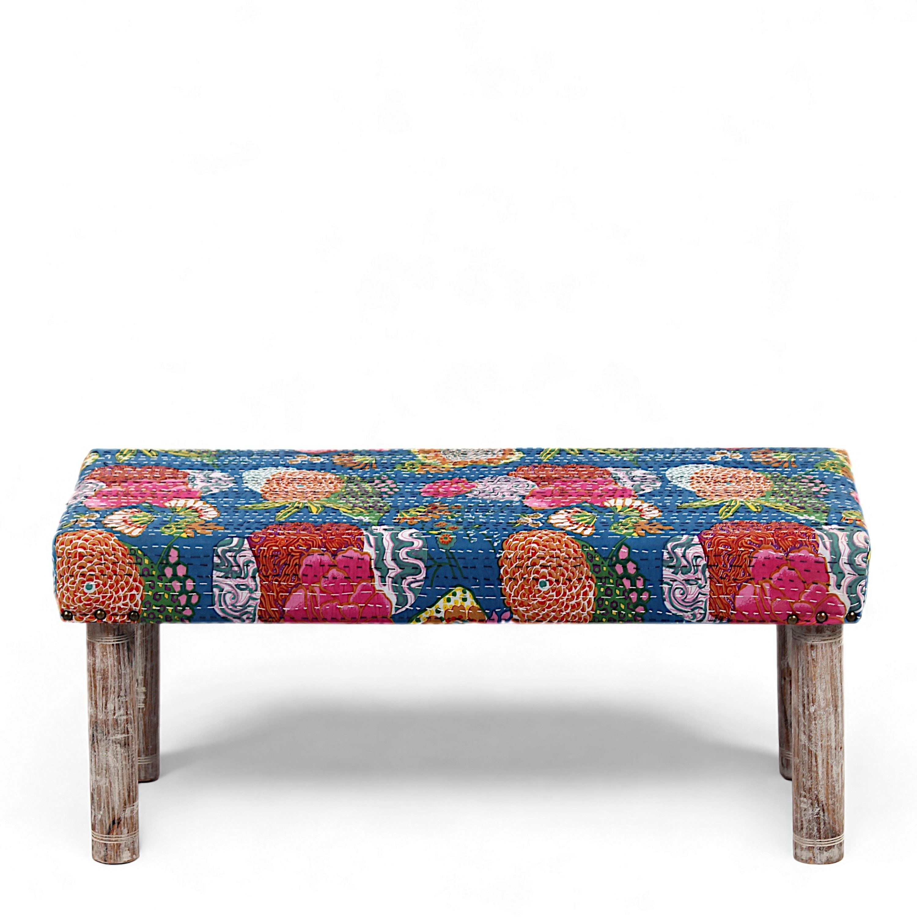 Camilla Solid Wood 2 Seater Bench In Fruit Print Blue Ethnic Kantha Fabric