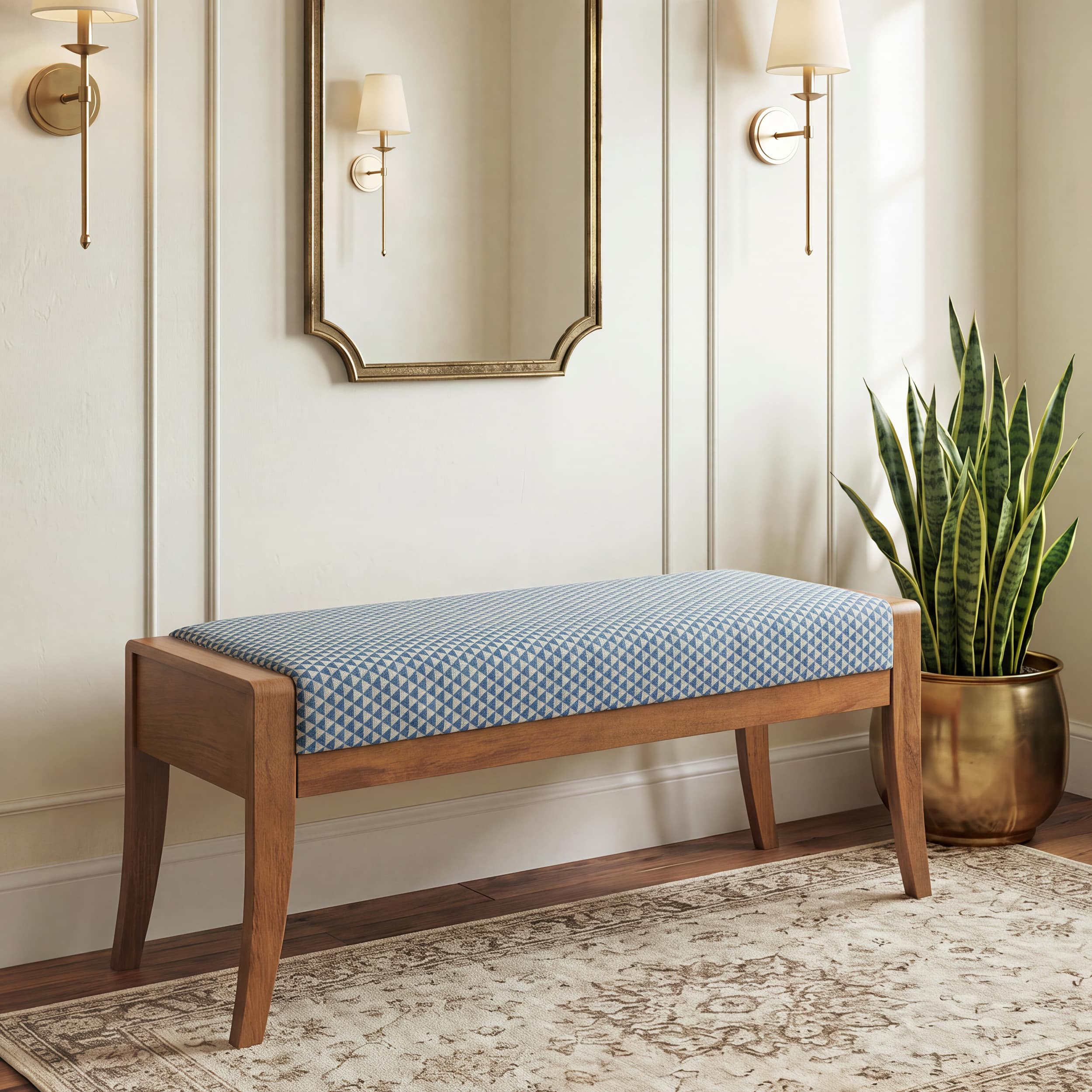 Ibha Solid Wood Entryway Bench In Amber Walnut Finish with Indigo Crest Colour