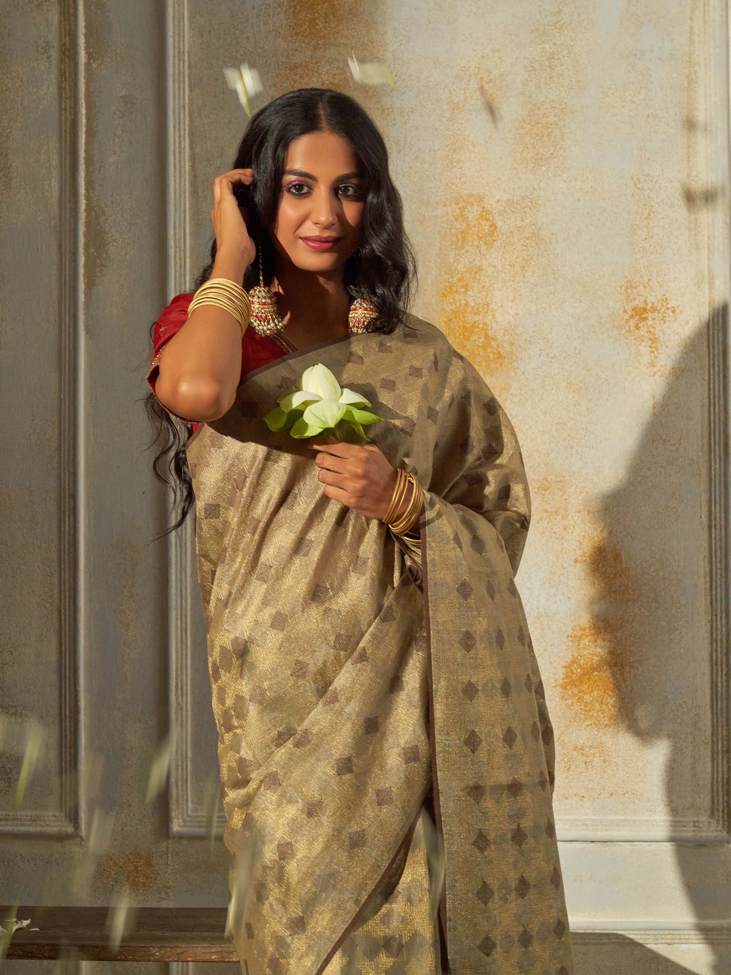 Beige Tussar Silk Saree