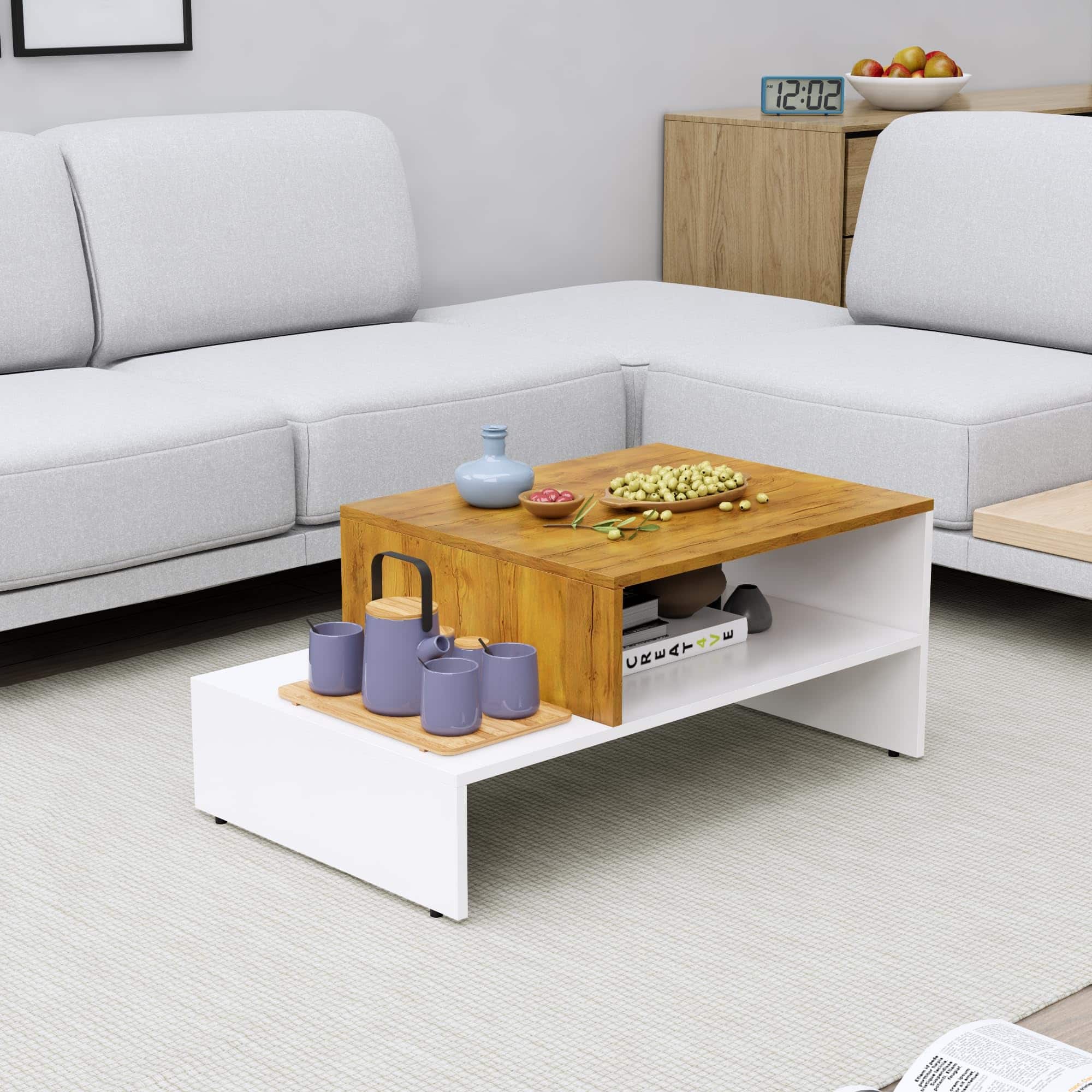 Hexa Engineered Wood Modern Center Table For Living Room In Frosty White And Giant Wood - HexaRed