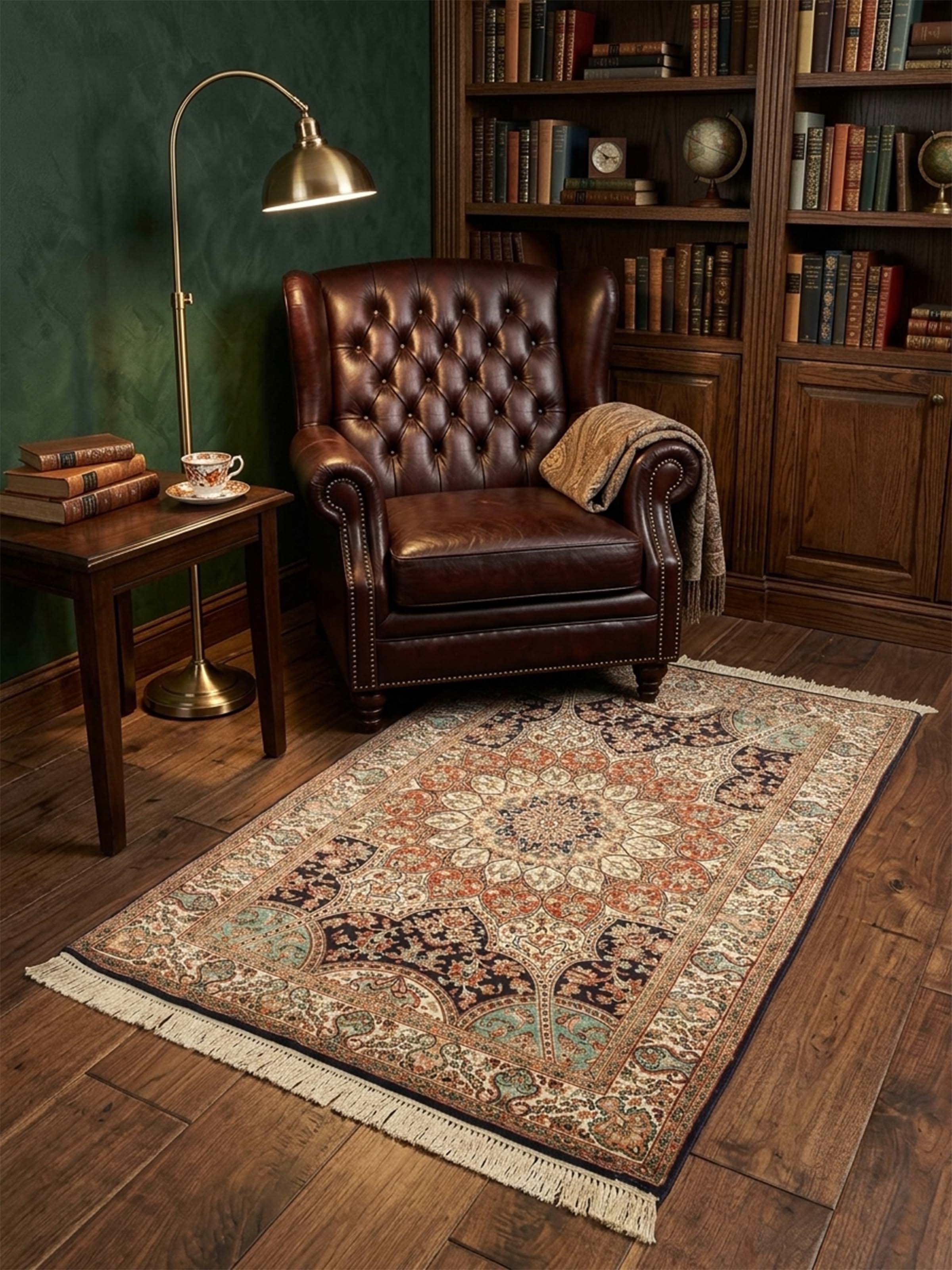 Traditional Persian Rust Sage Medallion Kashmir Silk Hand-Knotted Carpet