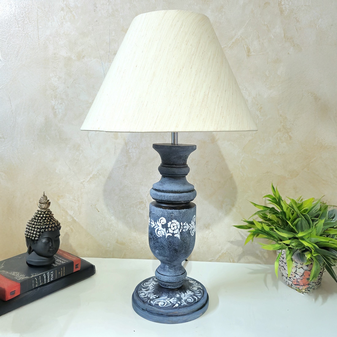 Pillar Stone Grey Beige Wooden Table Lamp in Grey