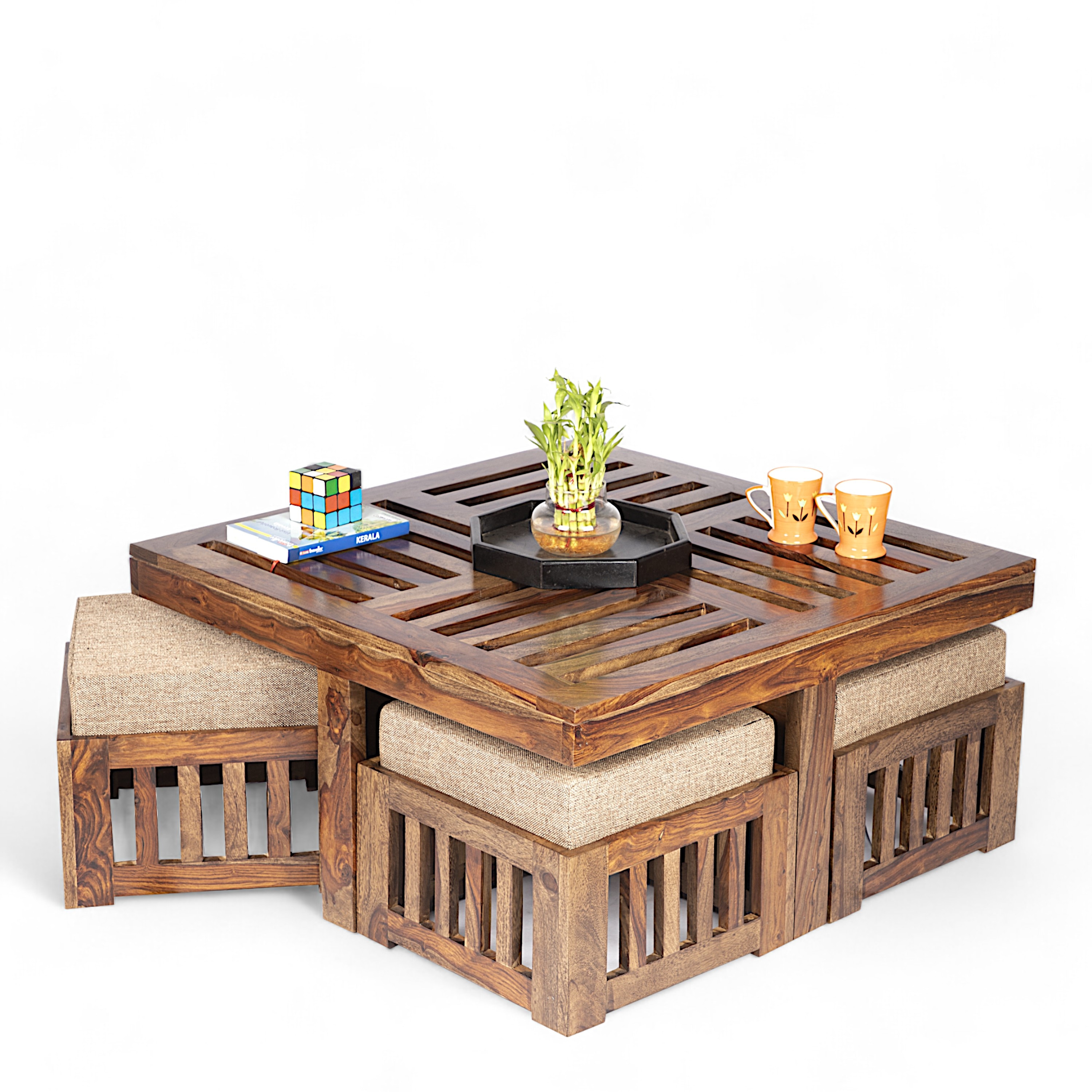Blane Sheesham Wood 4 Seater Coffee Table Set In Teak Finish