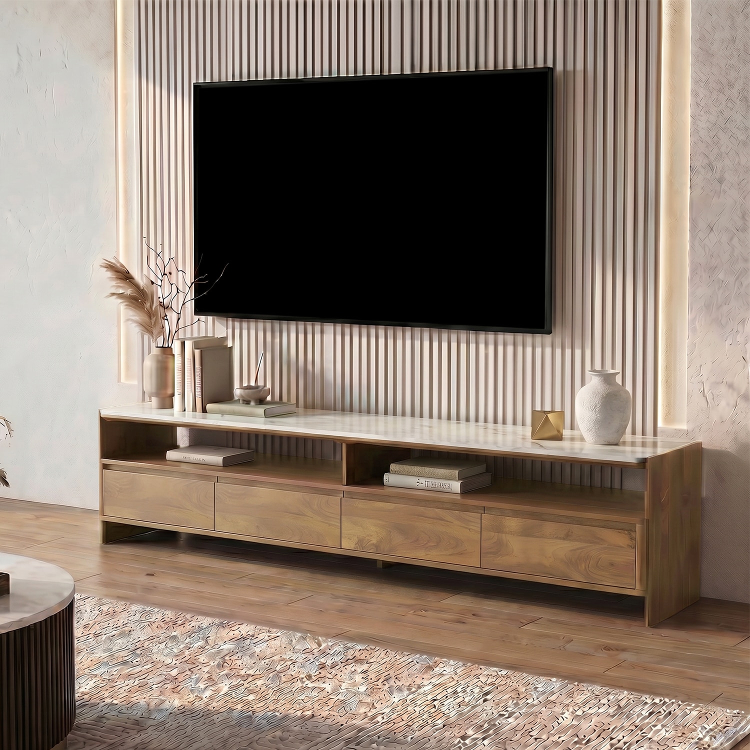Tavo Solid Wood and Banswara TV Unit In Golden ash Finish