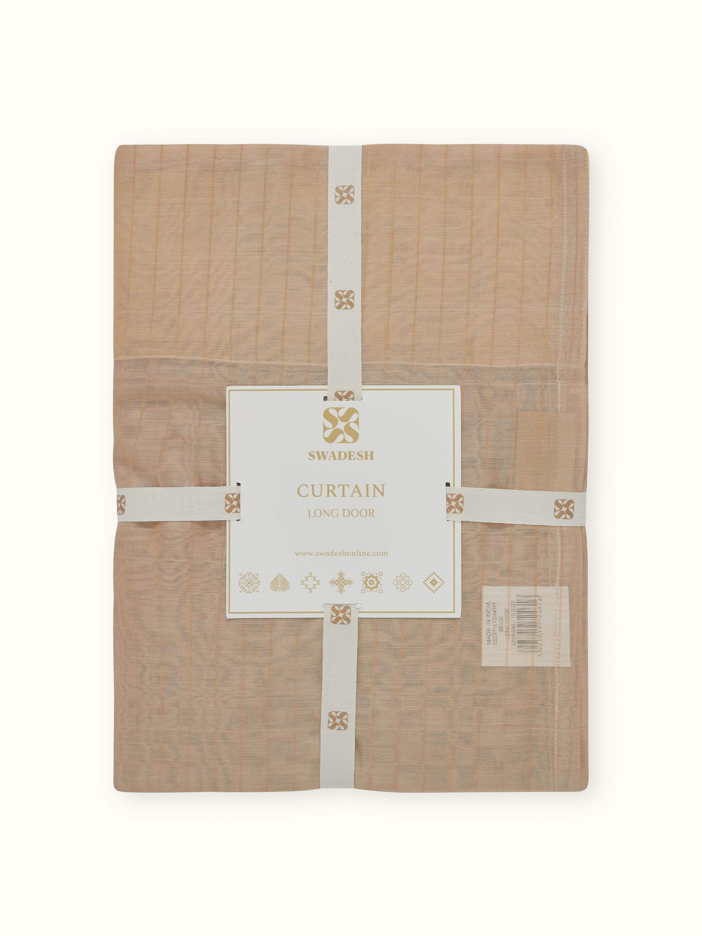 Close-up showing handloom texture and metallic detailing of Pragya Maheshwari curtain