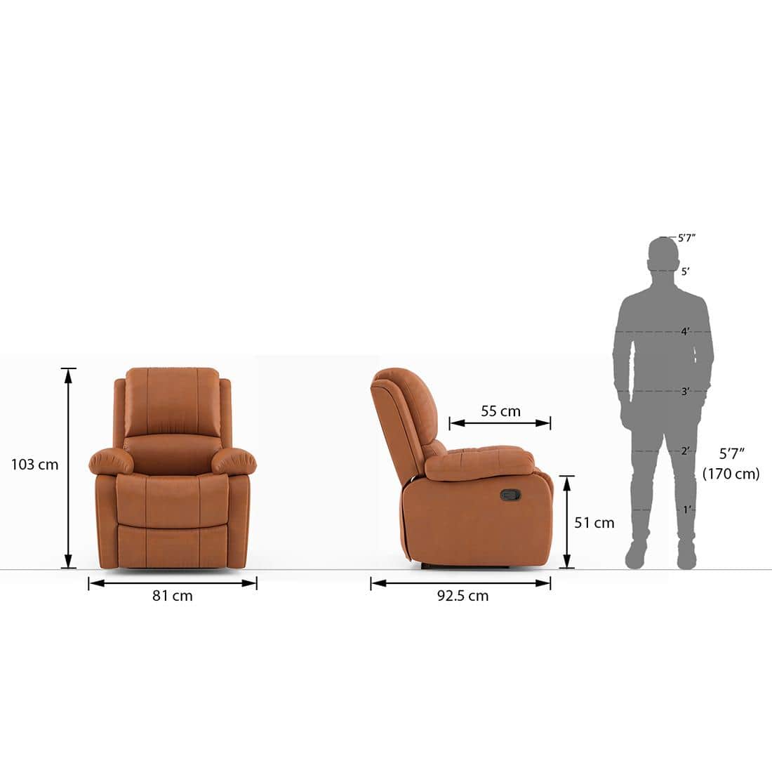Lebowski Leatherette One Seater Manual Recliner in Tan Leatherette Colour