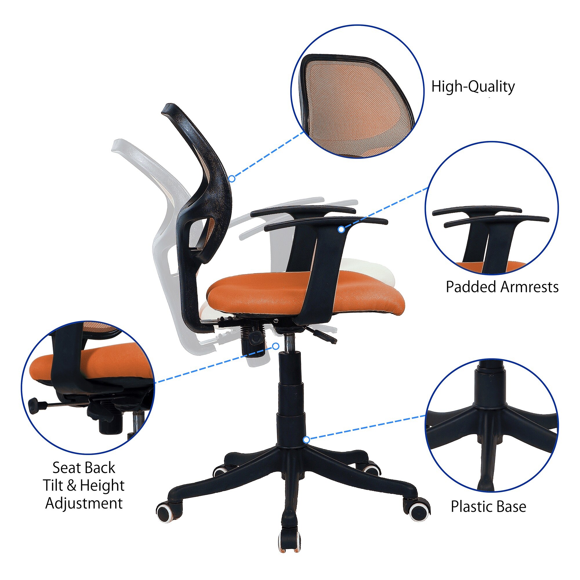 Jaazza Low Back Ergonomic Chair in Orange Colour