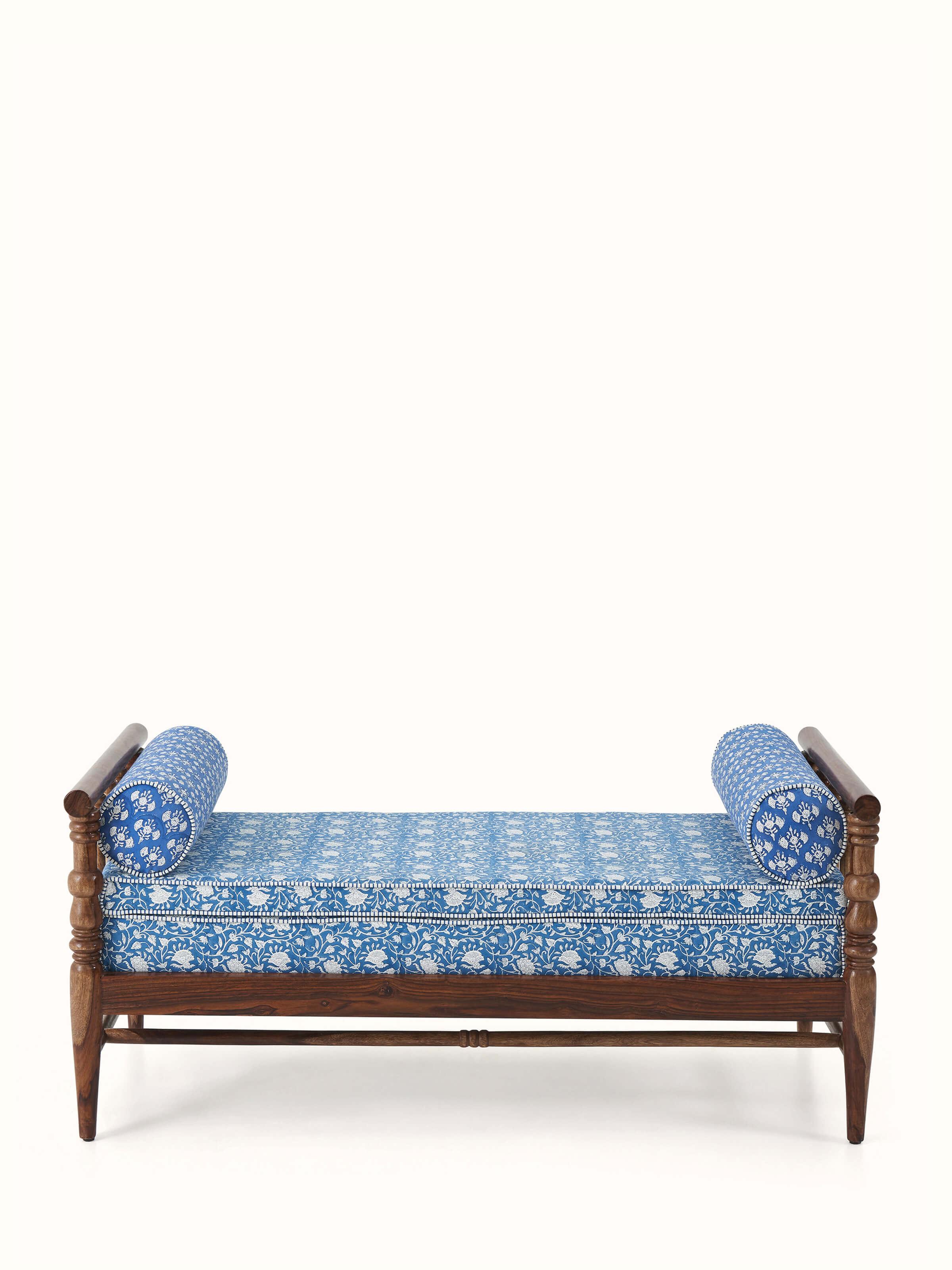 Upholstered Sheesham Wood Sanganeri Block Print Bench