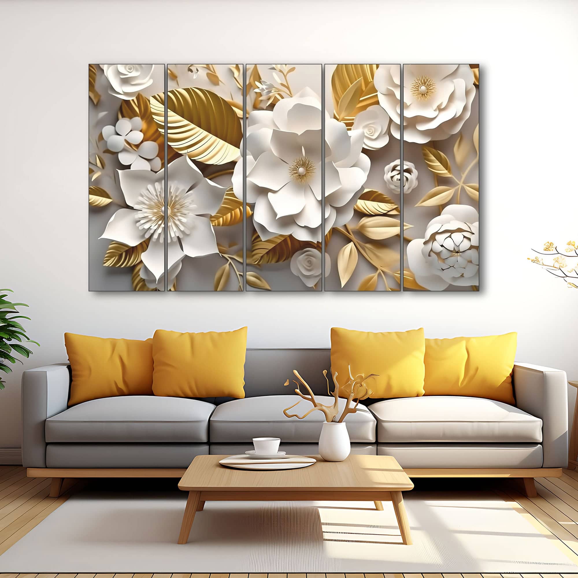 The Castle Decor 3D Gold White Flowers Wall Art Set of 5 27x48 Inch - The Castle Decor