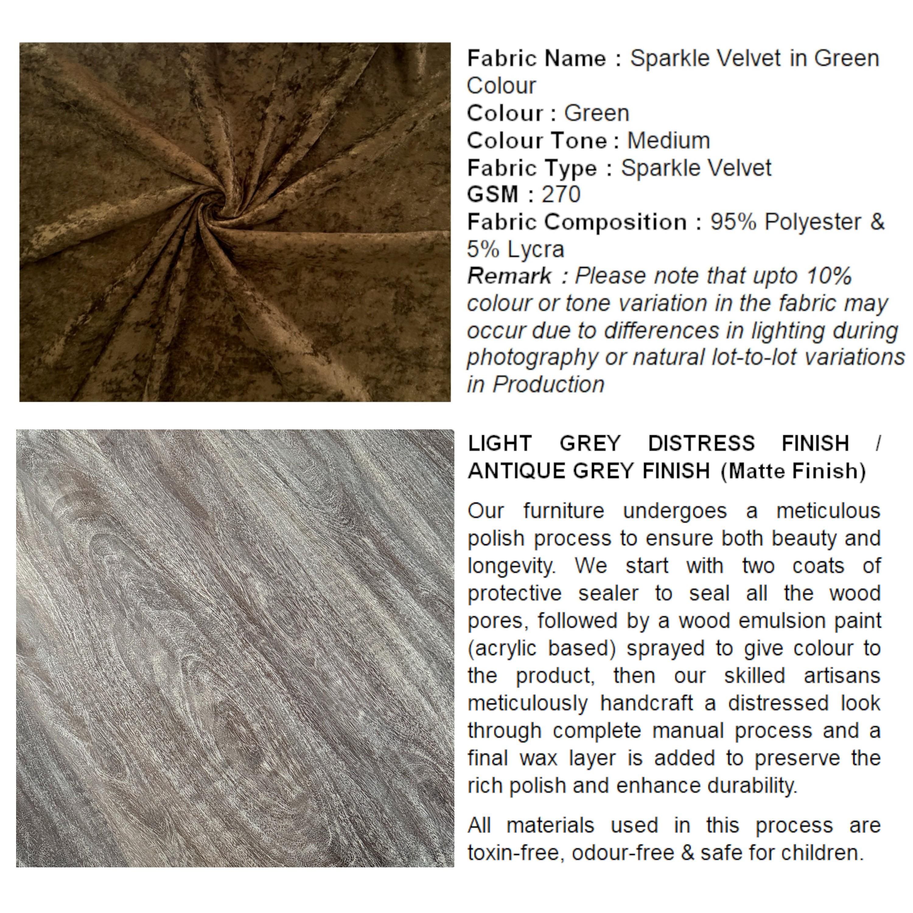 Nashville Sheesham Wood 4 Seater Coffee Table Set In Antique Grey Finish Green Sparkle Velvet Cushion