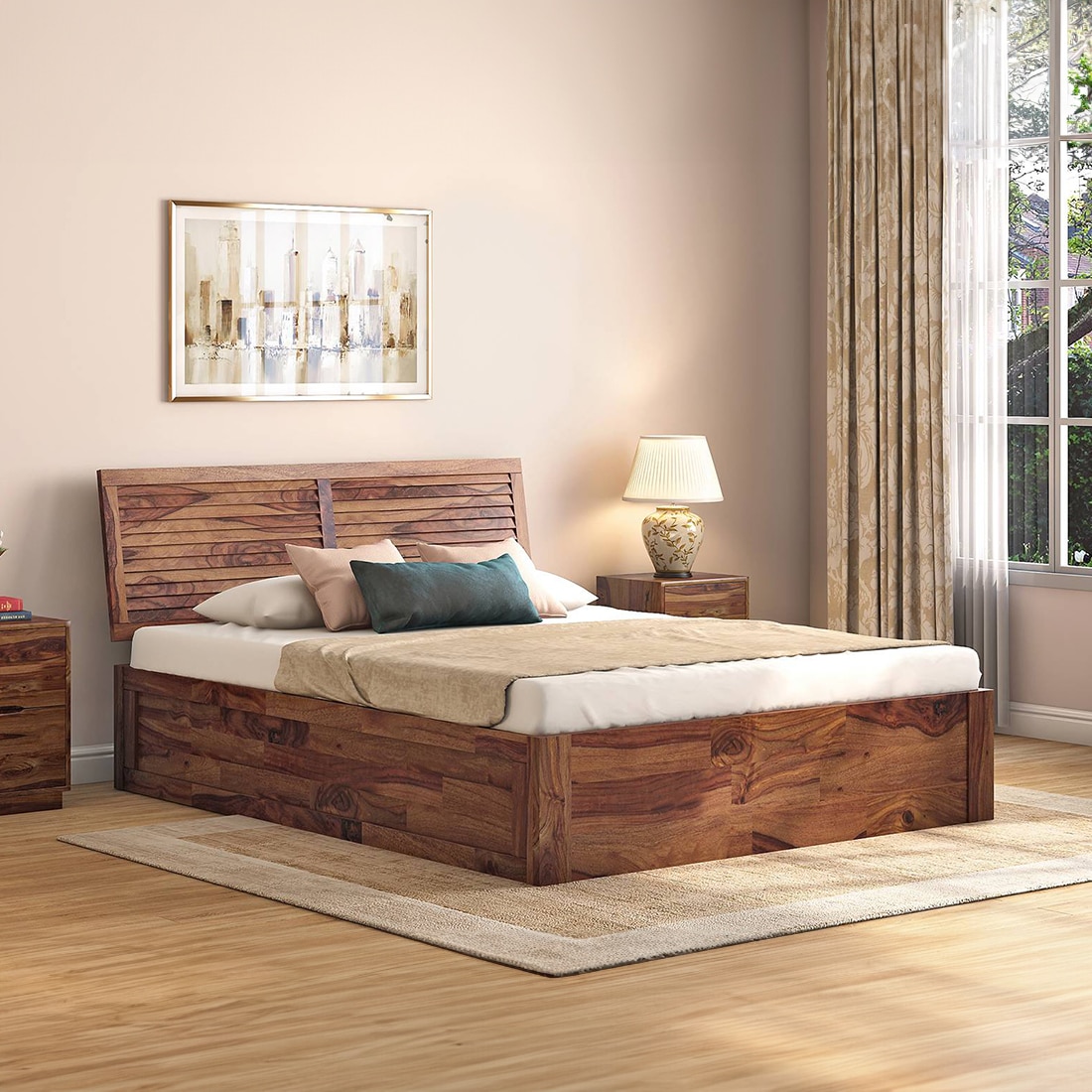Terence Solid Wood Queen Size Box Storage Bed In Teak Finish
