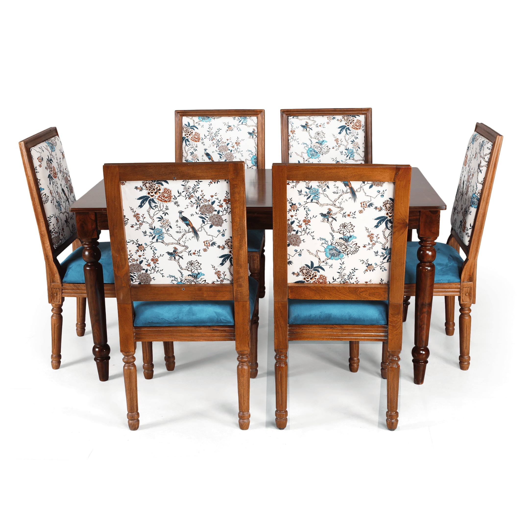 Globally Indian Sheesham Wood Turning Leg 6 Seater Dining Table Set With 6 Solid Wood Upholstered Chairs –  In Blue Color