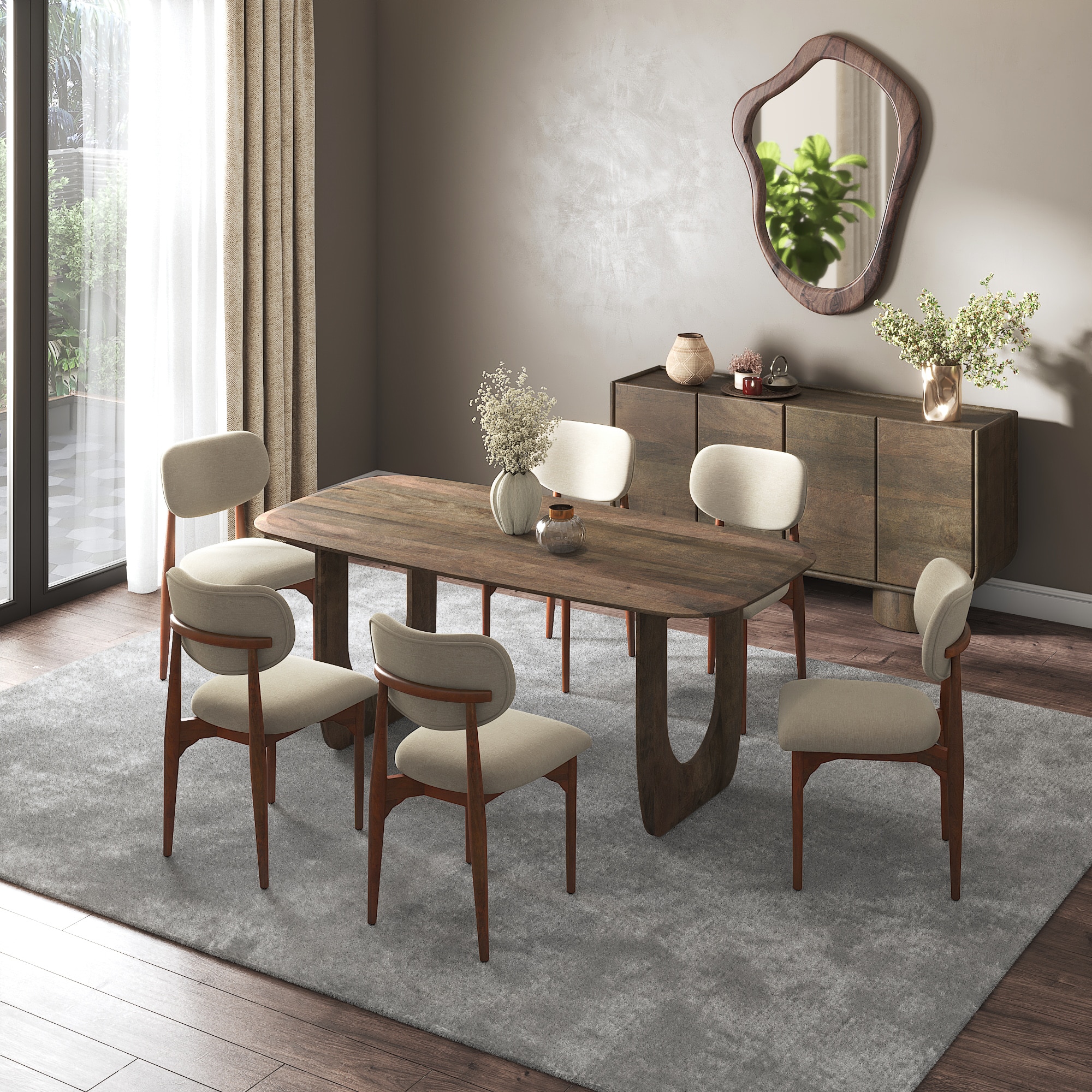 Aero Solid Wood 6 Seater Dining Table With 6  Ollie Dining Chairs (Finish : Danish Walnut, Chair Colour : Oyster Beige)