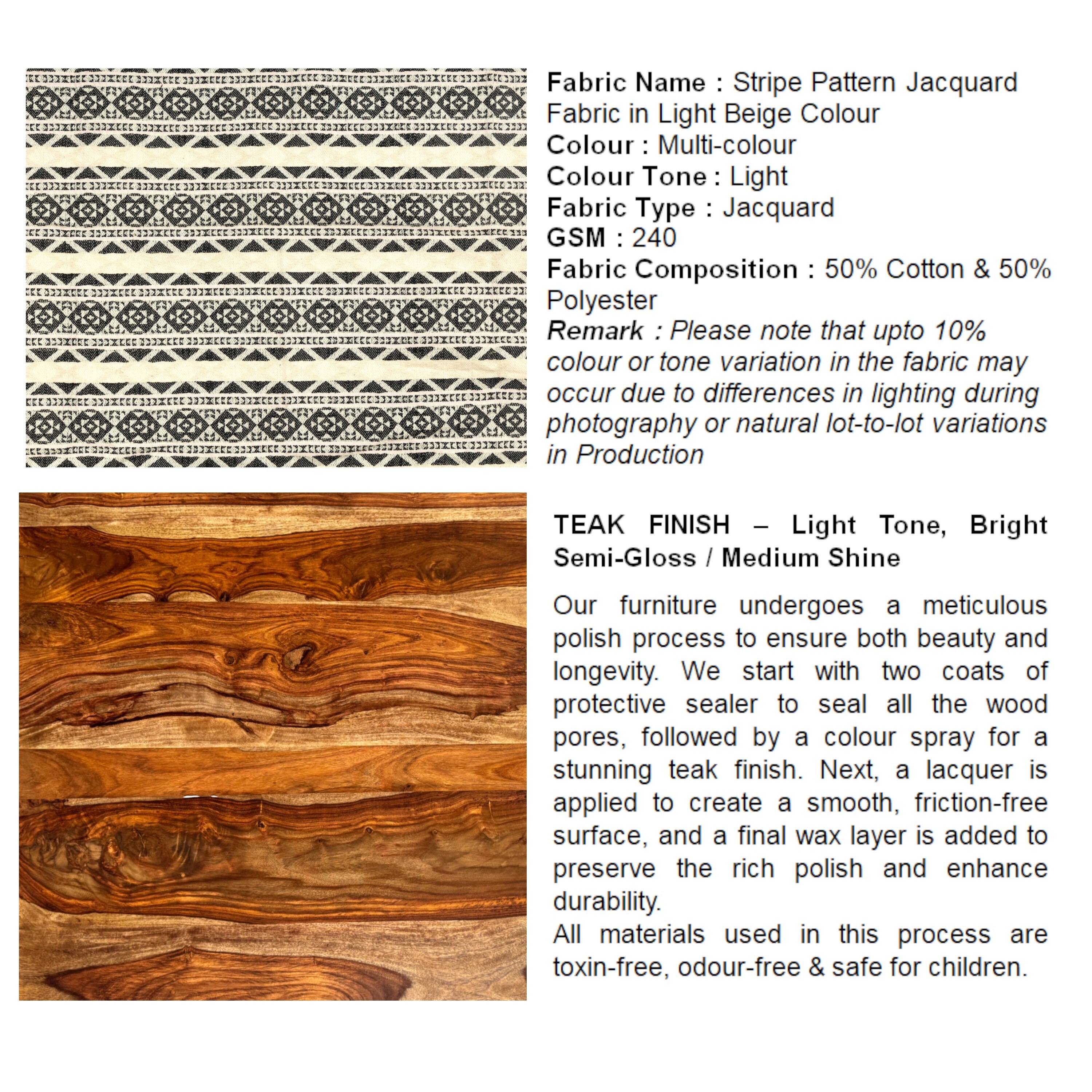 Collio Solid Wood Ottoman Pouffee in Stripe Beige Jackard fabric