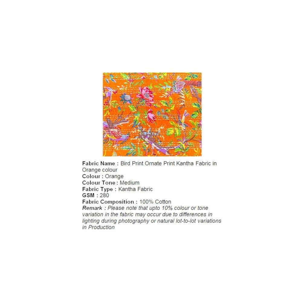 Asansol Sheesham Wood Mid Century Square Set of 2 Stools     in Bird Print Orange Kantha Upholstery