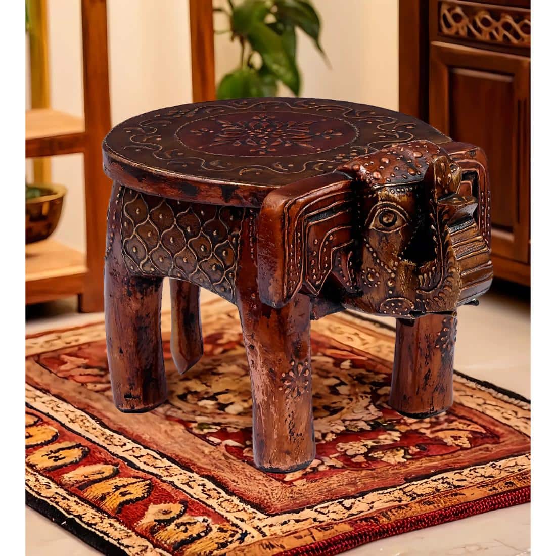 Desert Art Wooden Handpainted Copper Elephant Chowki 6 Inch - Desert Art