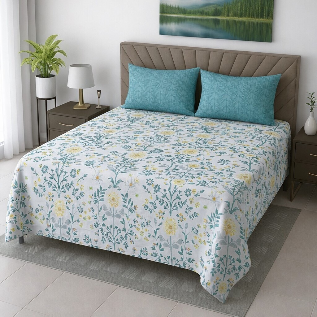Iris White Floral 400 TC Cotton Flat King Size Bedsheet with 2 Pillow Covers – Threads