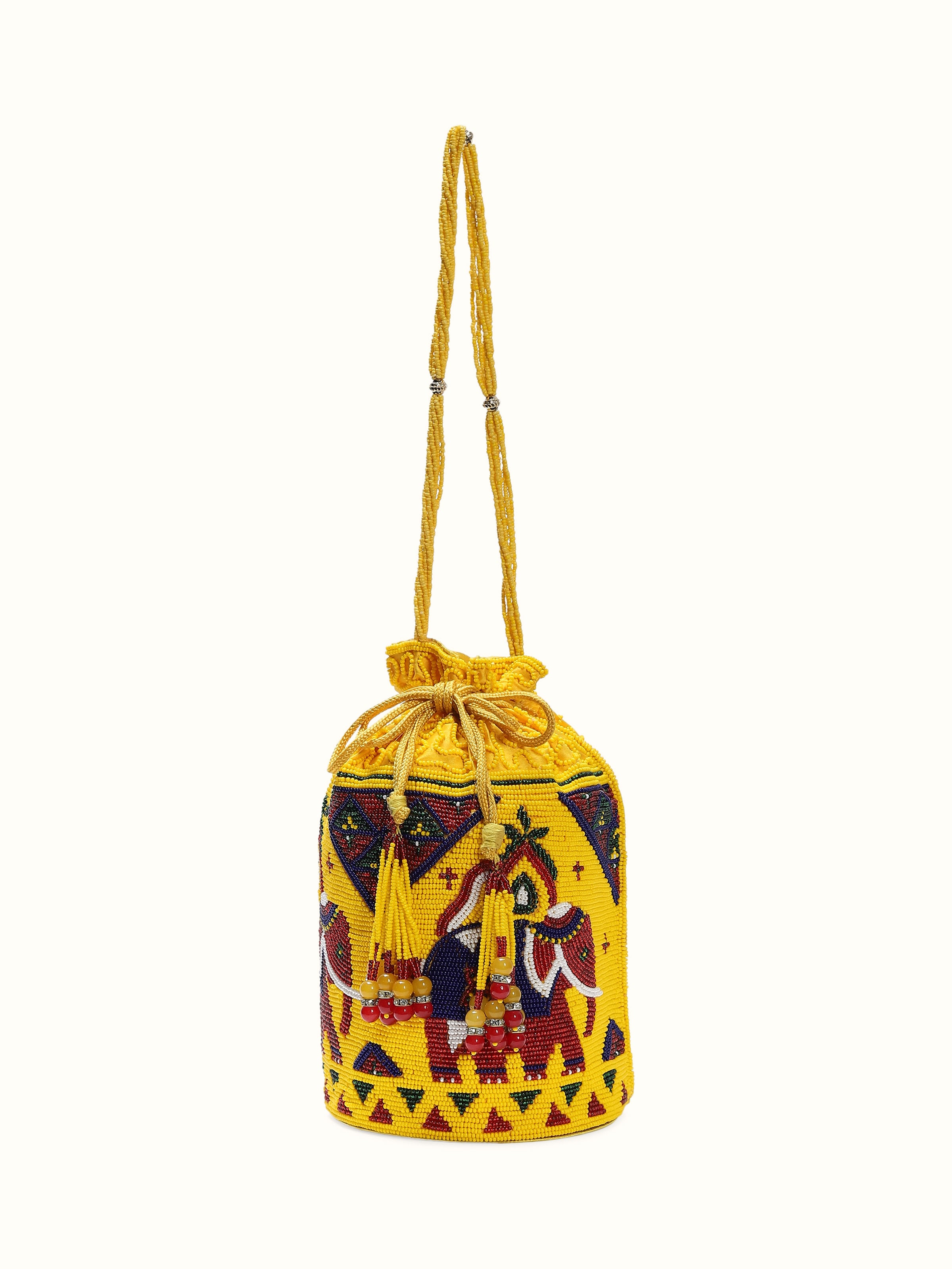 Front view of silk beadwork potli bag with intricate bead embellishment