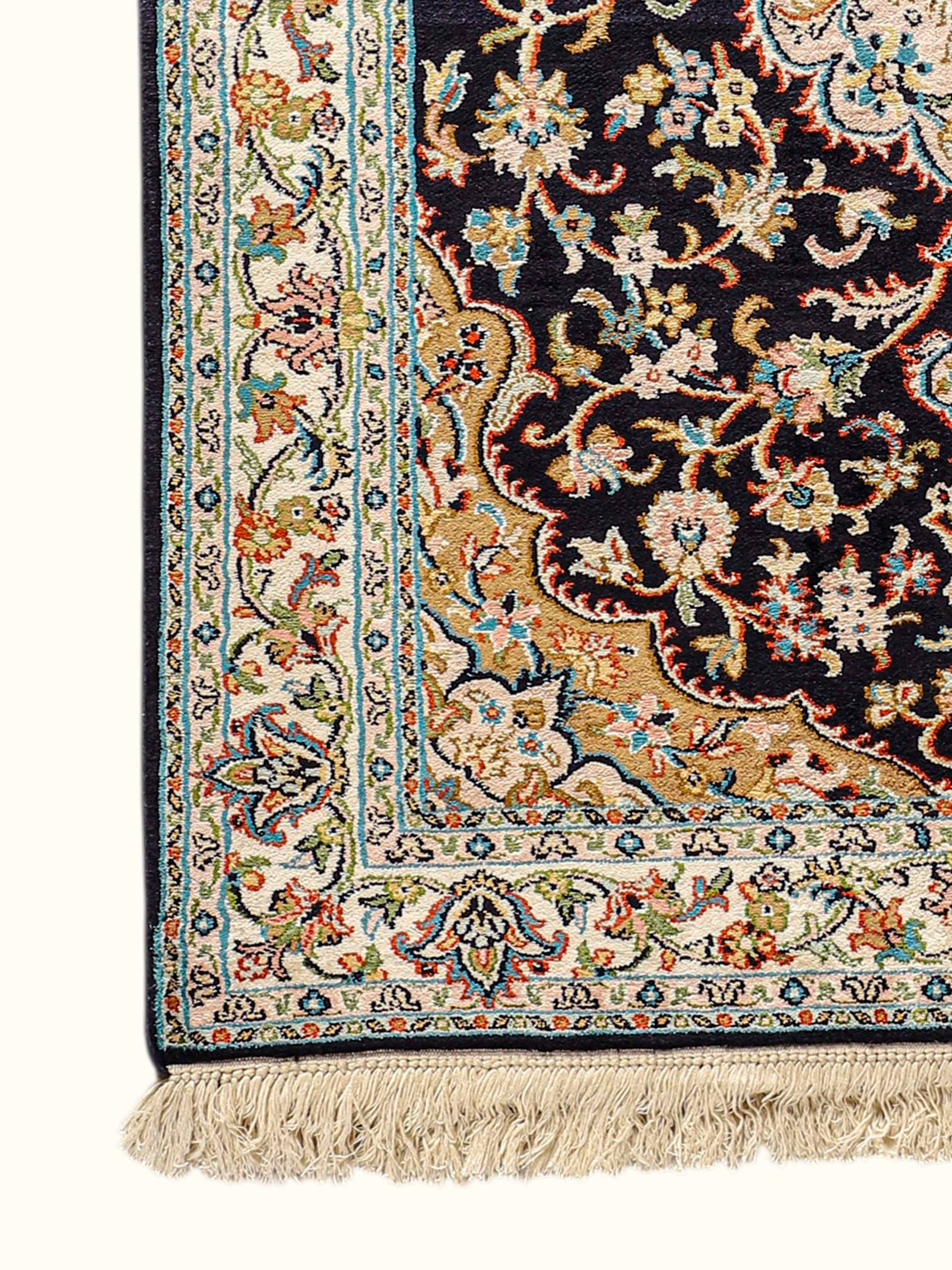 Traditional Persian Navy Rust Kashan Kashmir Silk Hand-Knotted Carpet