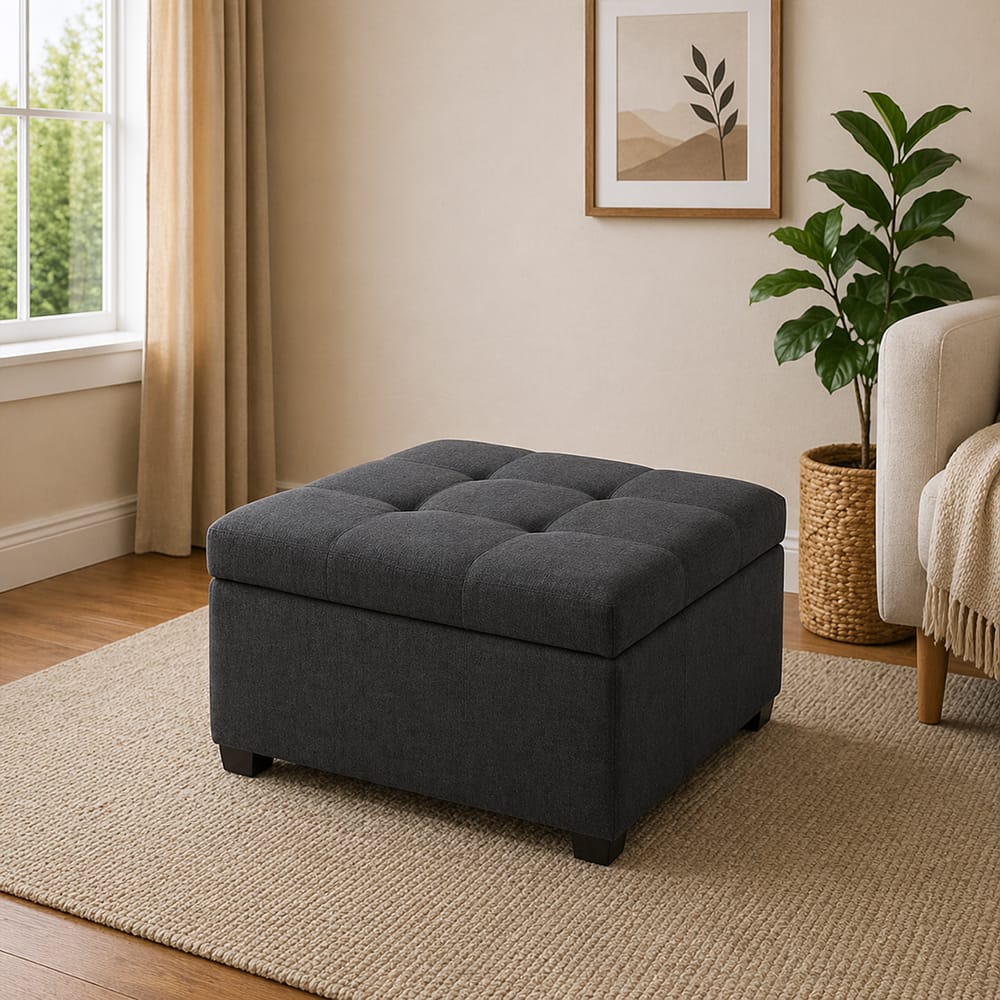 Doe Buck Tufted Storage Ottoman Bench in Mustard Grey Colour Fabric - Doe Buck