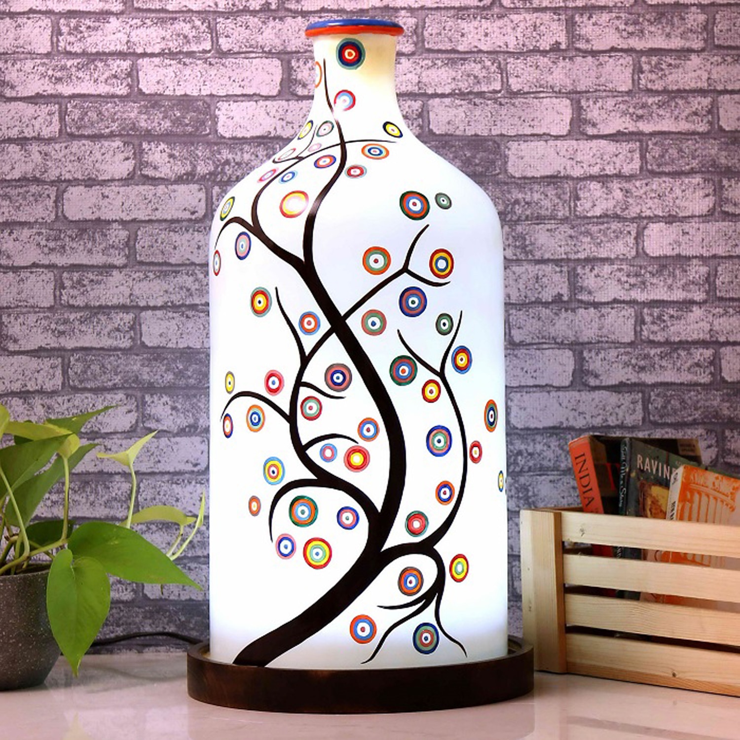 Artful Timber Hand Painted White Glass Shade Table Lamp with Wooden Base - Posh N Plush