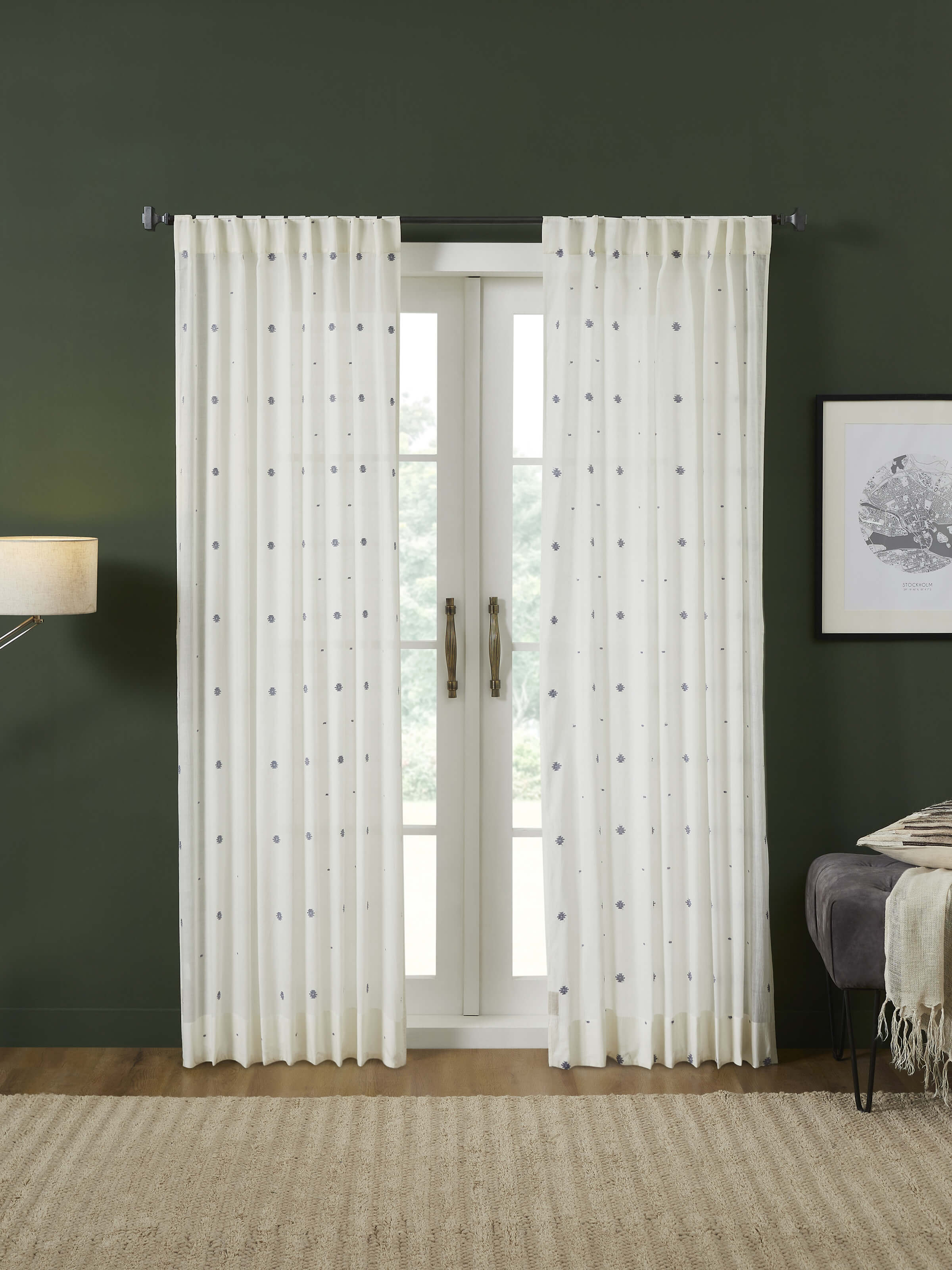 Kalpanama Ivory & Navy Woven Buti Handloom Cotton Curtain (7 Ft)