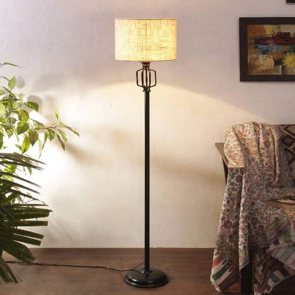 Sage White Natural Fiber Floor Lamp with Black Iron Base