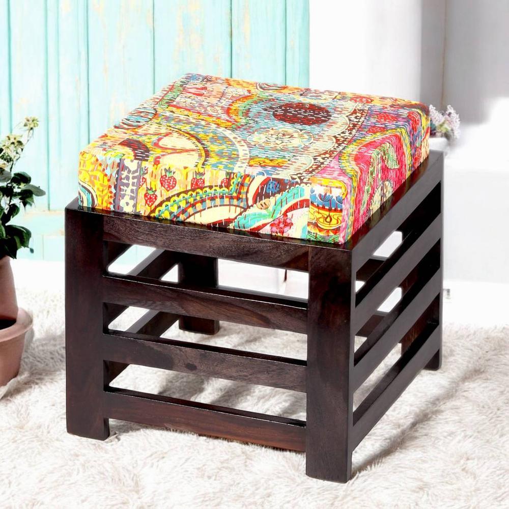Houston Sheesham Wood Stool in Mahogany Finish & Multi Colour Israel Print Kantha fabric Cushion