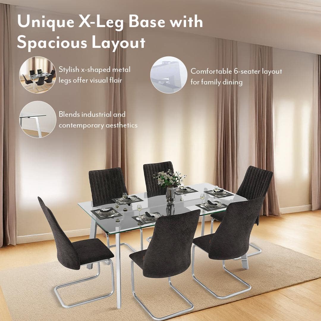 Carmen 6 Seater Glass Top Dining Table In Silver Finish