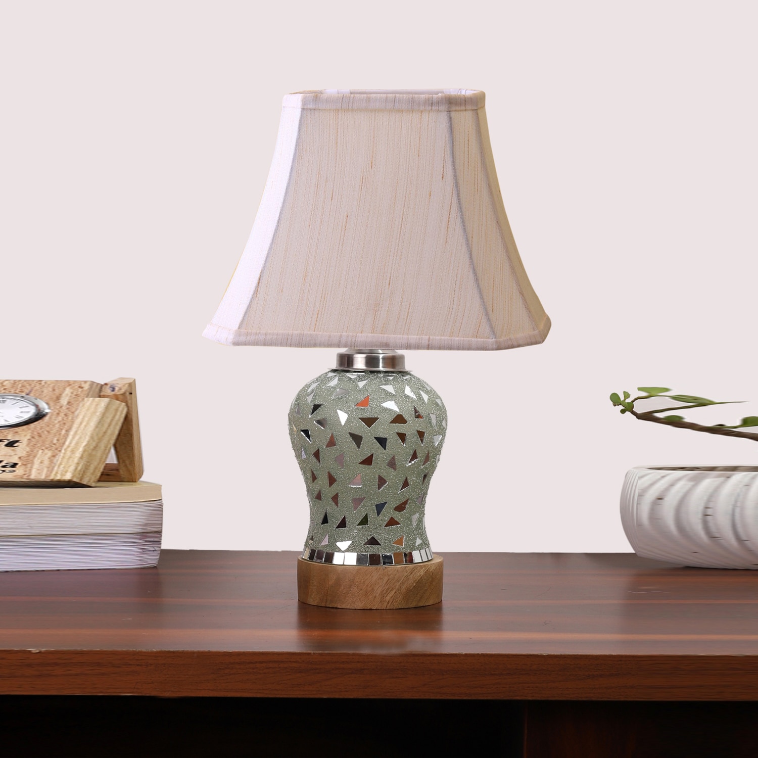 Devansh Off-White Cotton Rectangular Shade Lamp With Wood & Mosaic Glass Base For Decoration/Office/Home/Gifting/Study For Decoration/Office/Home/Gifting/Study