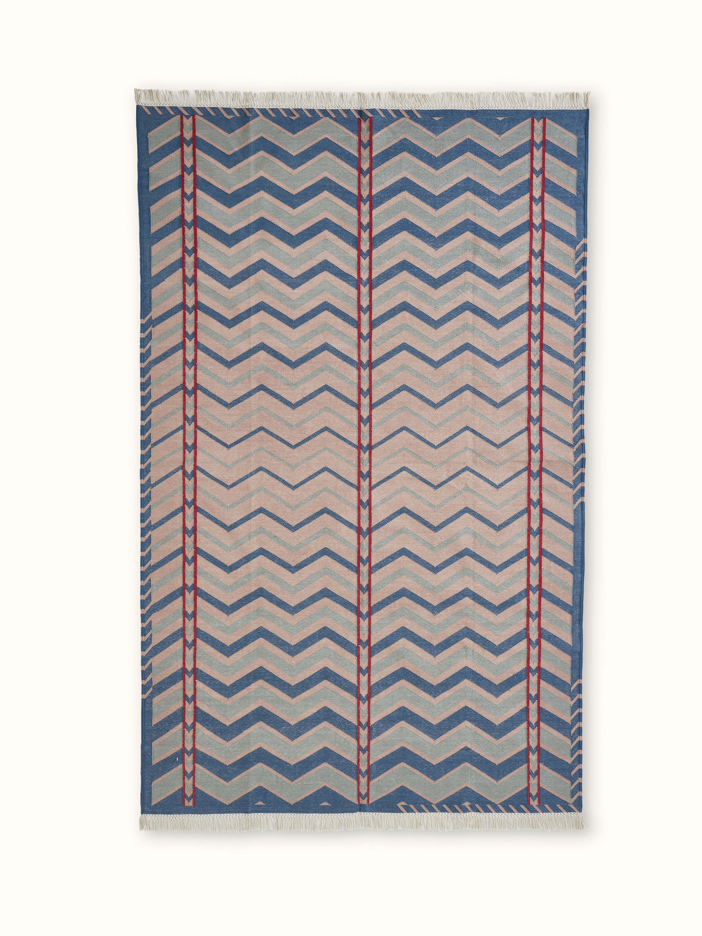 Front view of Geo chevron gradation blue beige lawan cotton panja dhurrie showcasing its geometric design and color gradient.