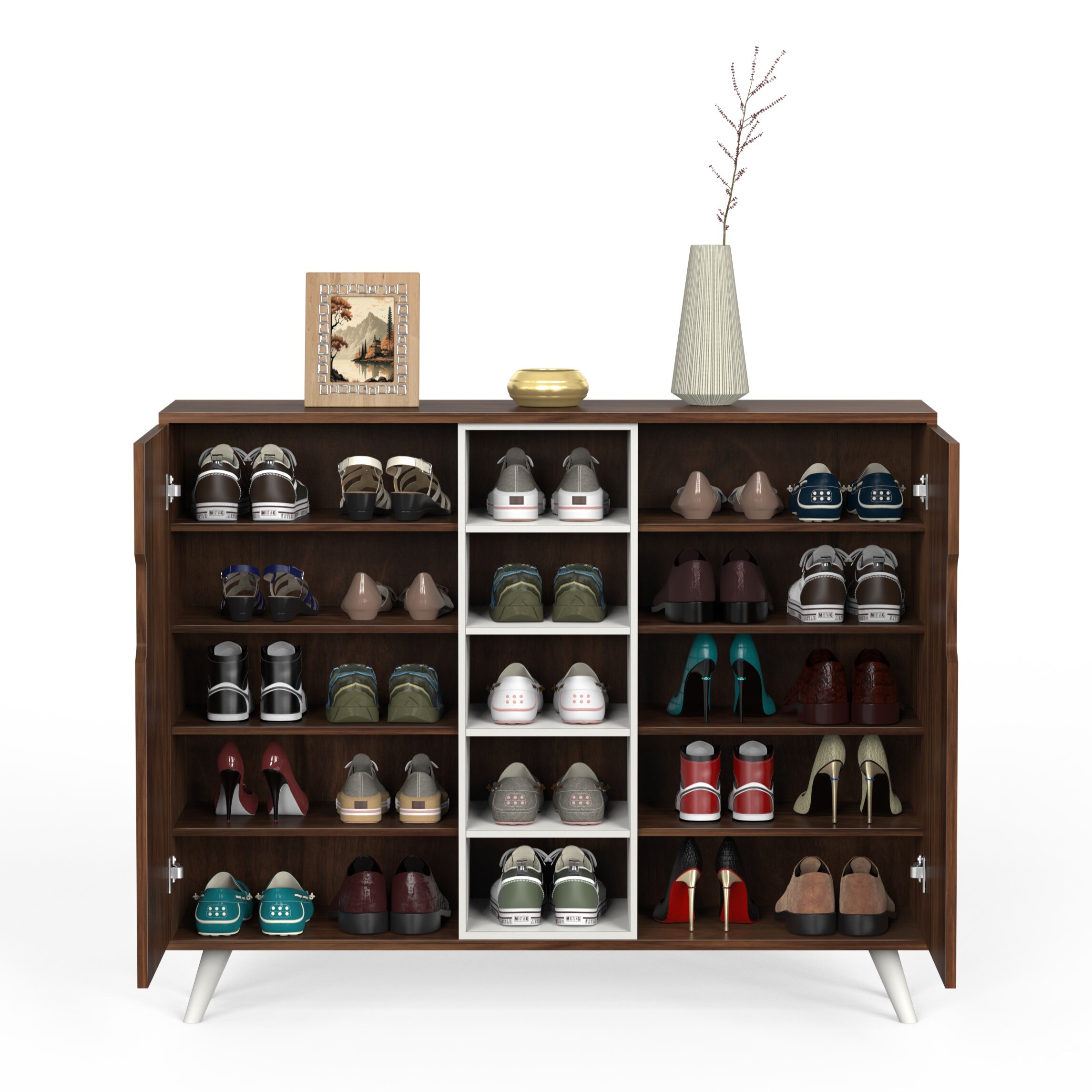 BLUEWUD Furlyn Engineered Wood Dual Tone 2 Doors Shoe Rack Cabinet Slipper Footwear Stand Organizer with Handle Less Desgin & 5 Closed Shelves can Store Up to 25 Pairs for Home (Brown Maple & White)