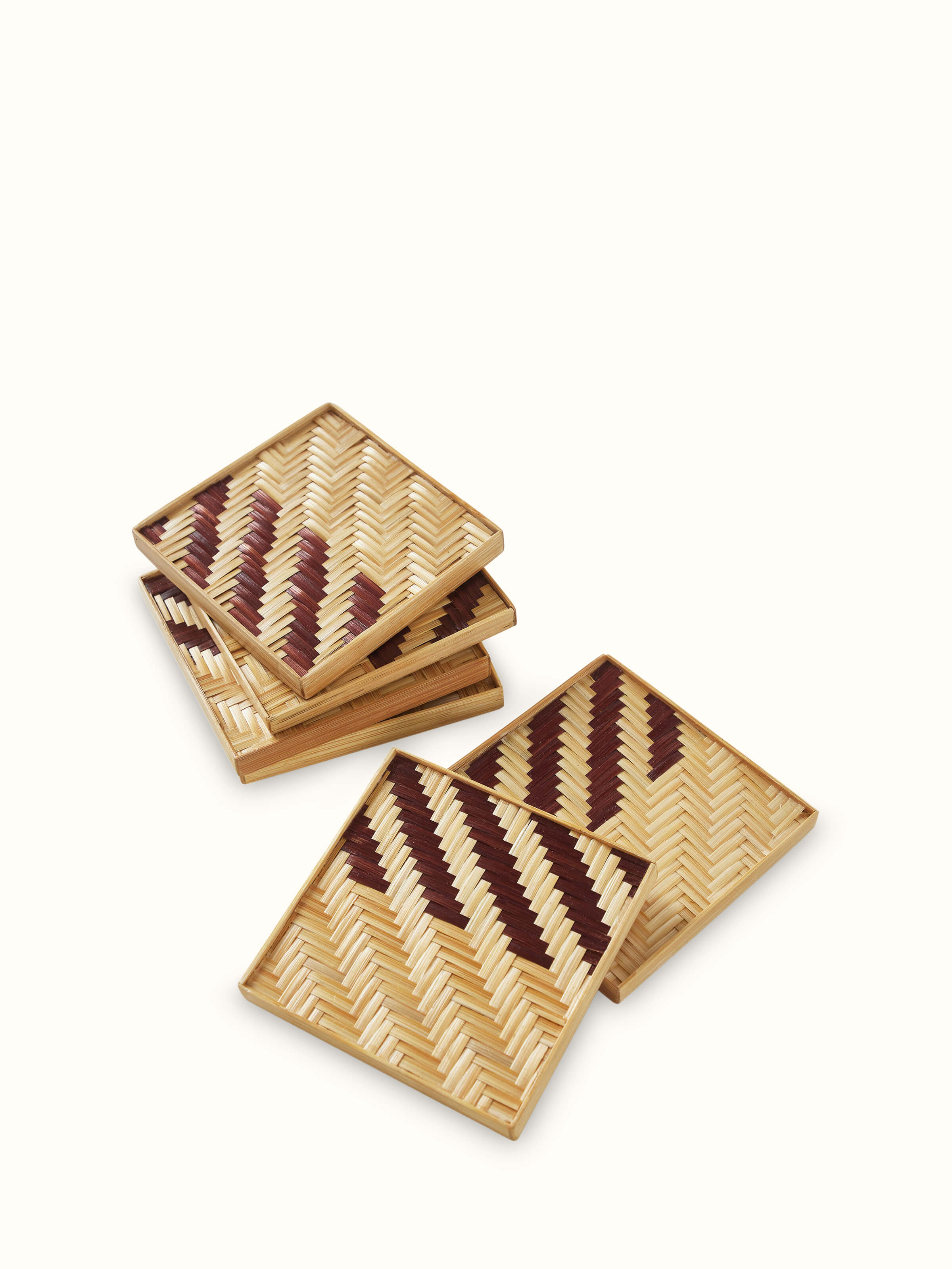 Front view of Naveena brown geometric bamboo coasters set of 6 neatly arranged to display design consistency.