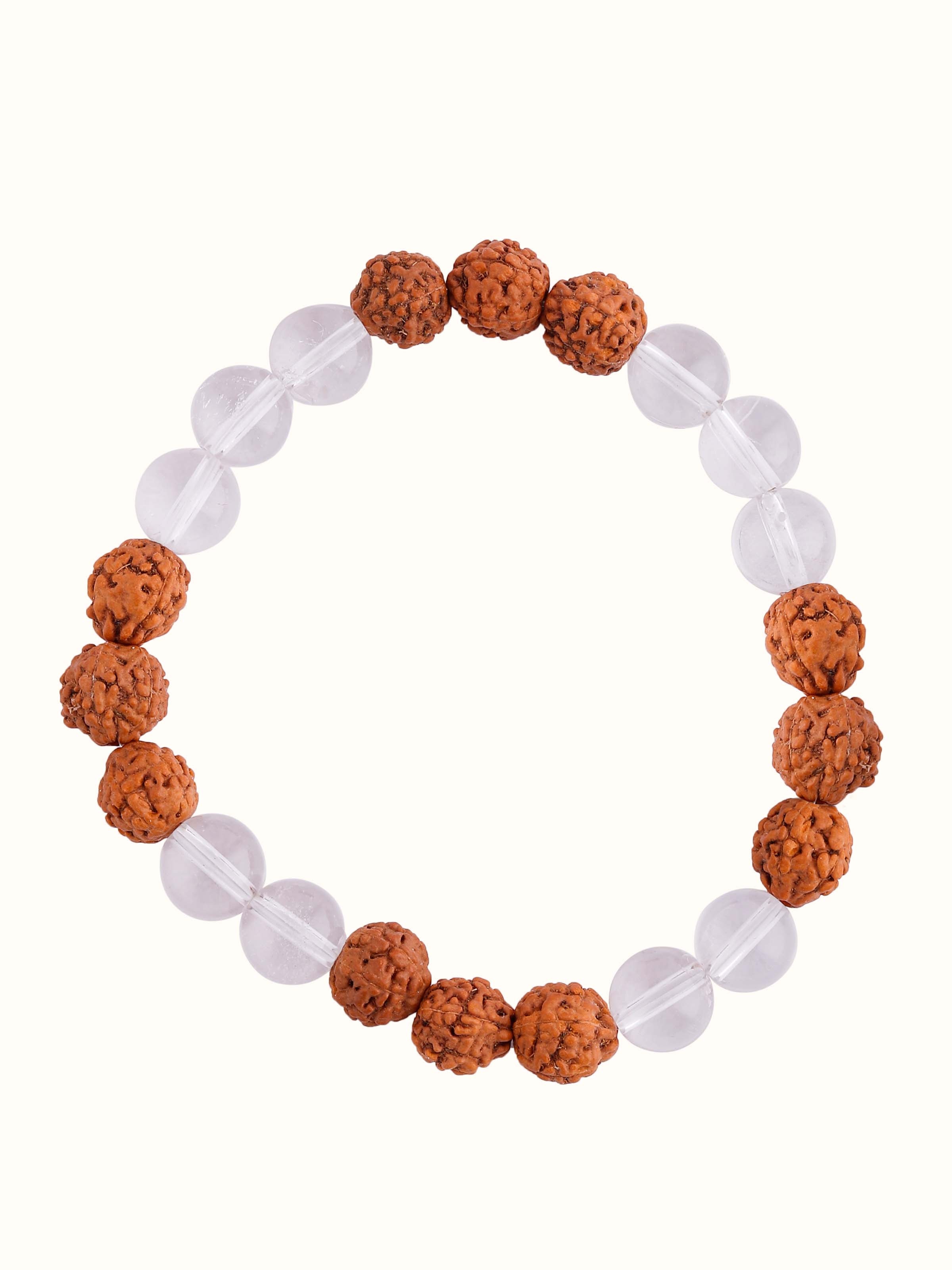 Front view of Rudraksha & Sphatik bracelet with spiritual beads on elastic thread