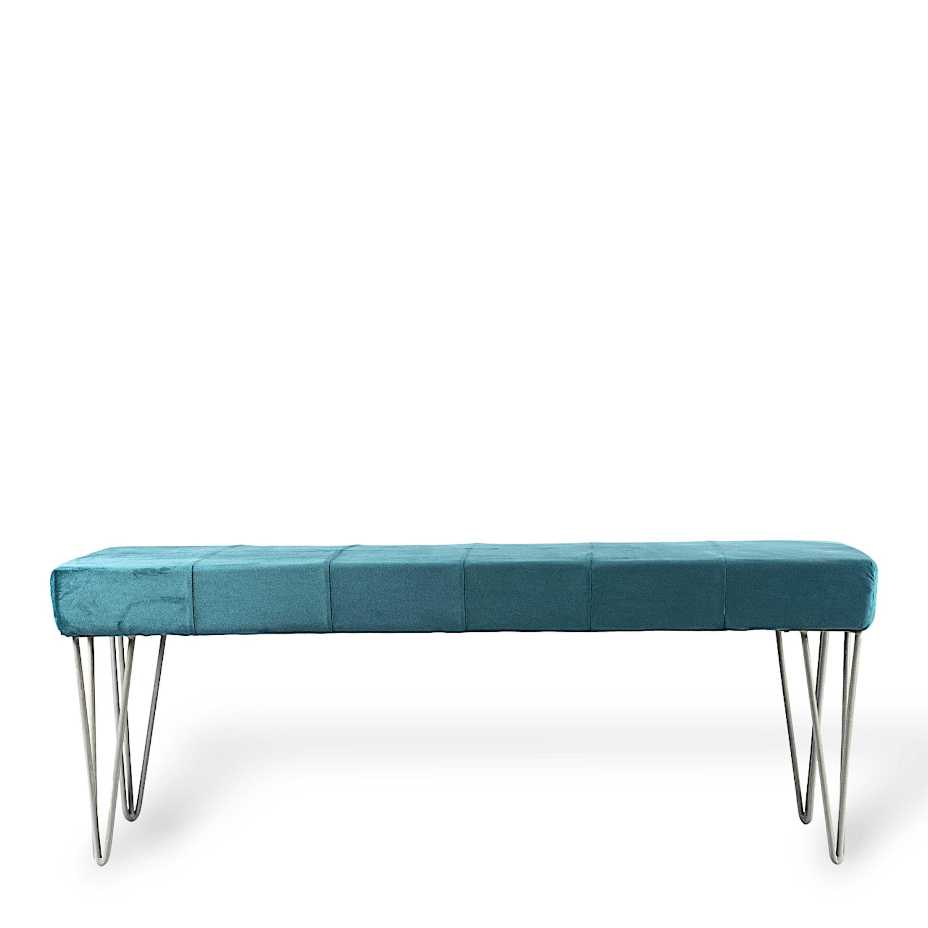 Belmont Sheesham Wood Accent 3 Seater Bench With Metal Legs In Turquoise Sea Velvet
