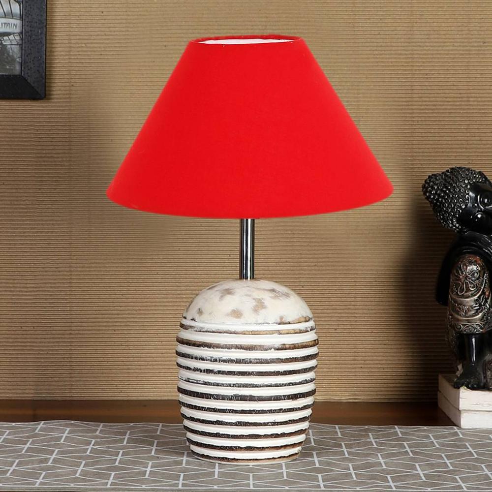 Red cotton with White Brushed Wood Table Lamp