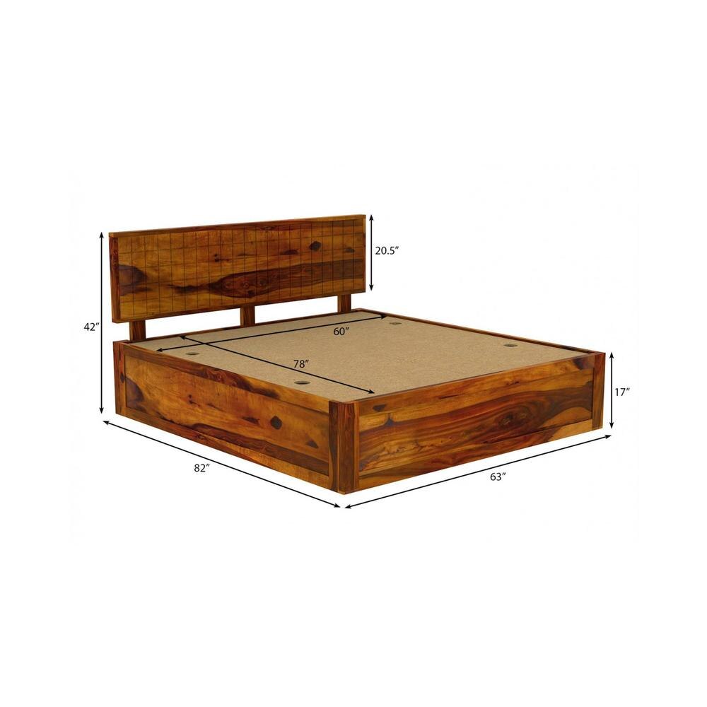 Esra Sheesham Wood Queen Size Bed Box Storage Honey OakOak Finish (60 x 78 inches)