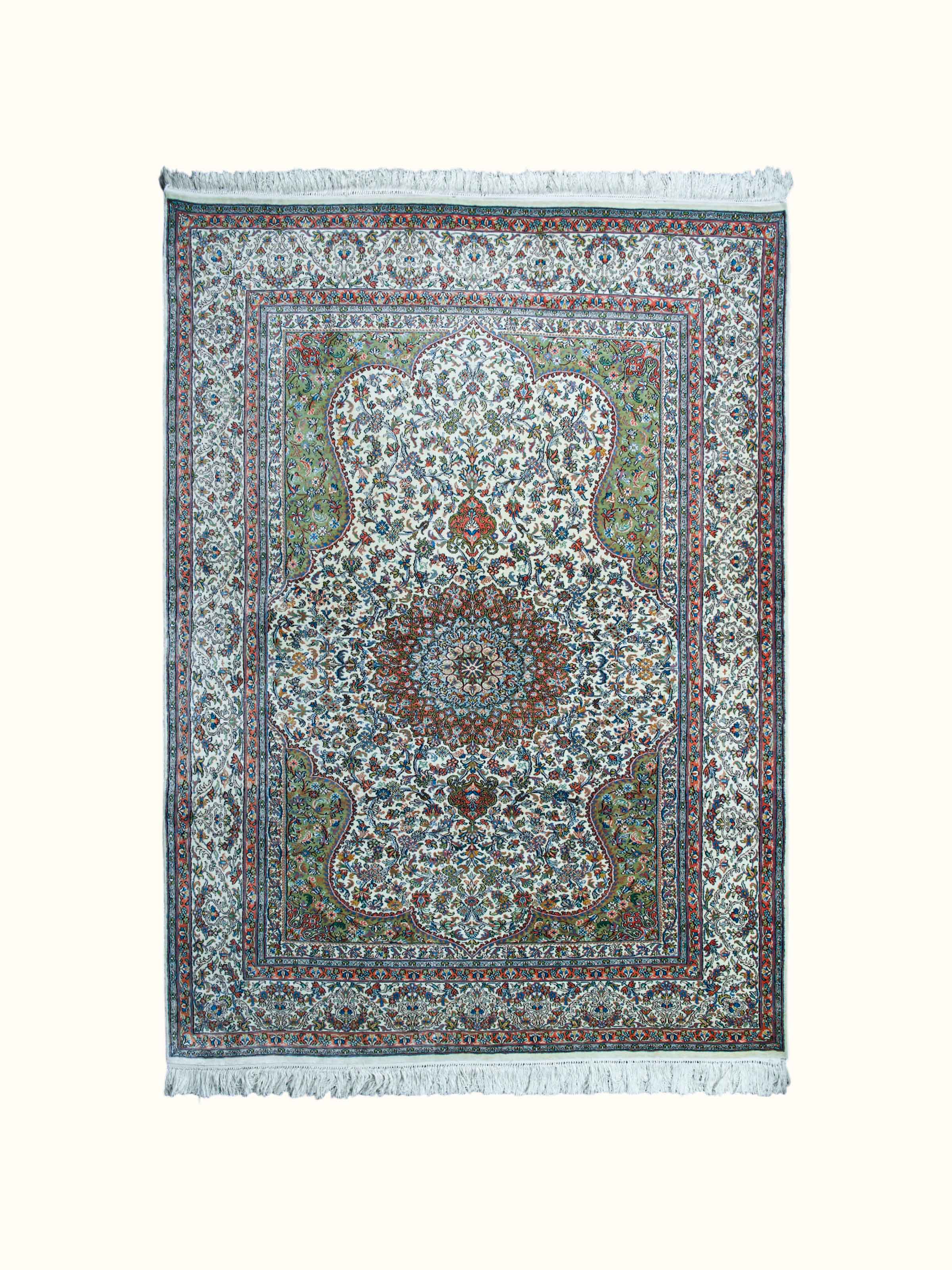 Traditional Persian Ivory Green Kerman Kashmir Silk Hand-Knotted Carpet
